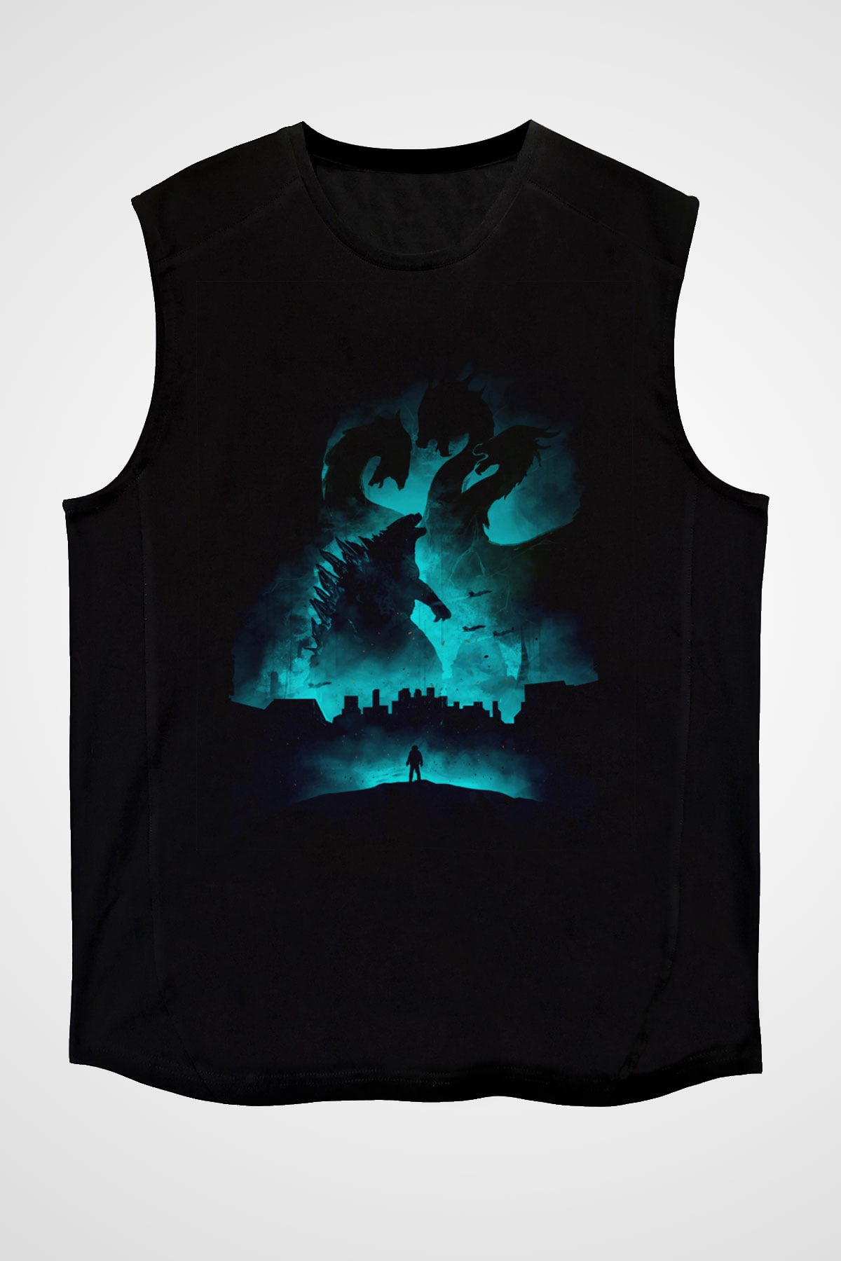 Unisex Godzilla II Canavarlar Kralı (Godzilla King of the Monsters) Baskılı Siyah Kolsuz T-shirt