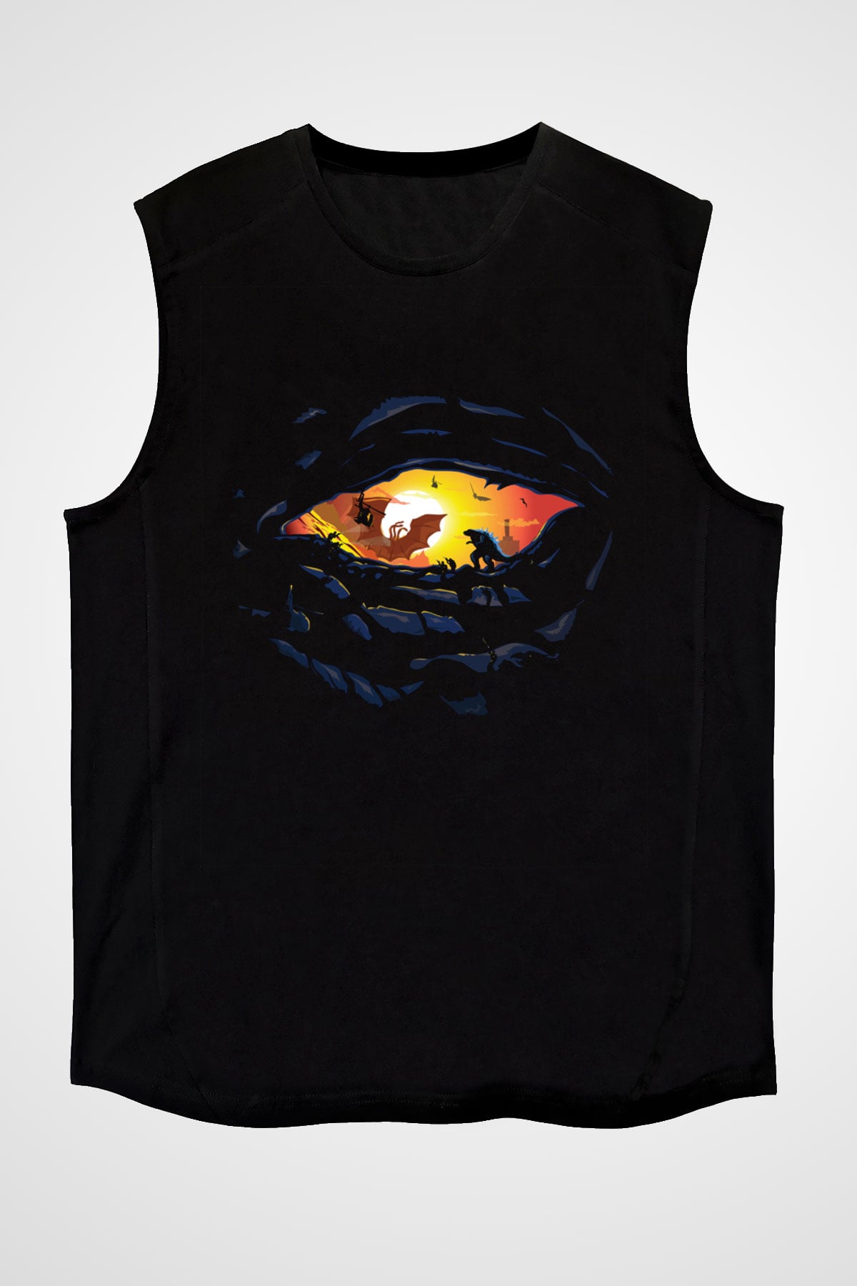 Unisex Godzilla II Canavarlar Kralı (Godzilla King of the Monsters) Baskılı Siyah Kolsuz Tişört