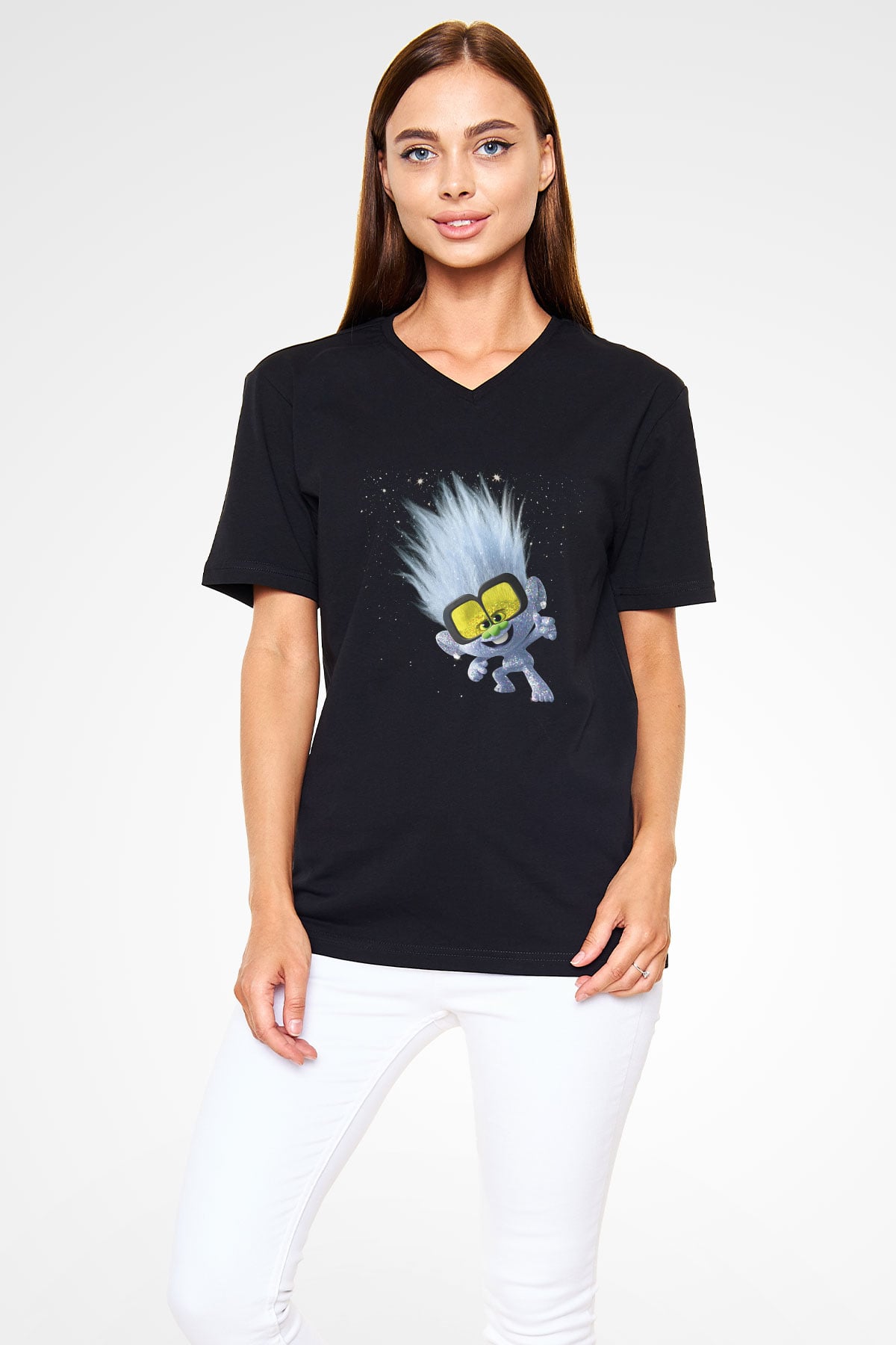 Unisex Guy Diamond Baskılı Siyah V Yaka T-shirt