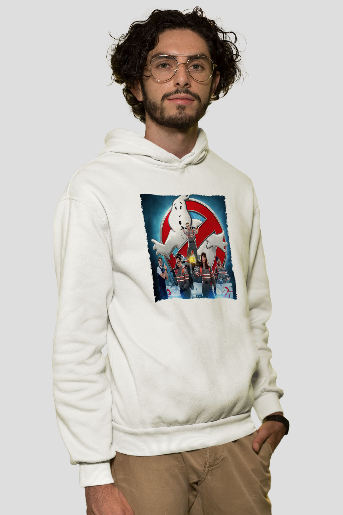 Unisex Hayalet Avcıları (Ghostbusters) Baskılı Beyaz Kapüşonlu Sweatshirt