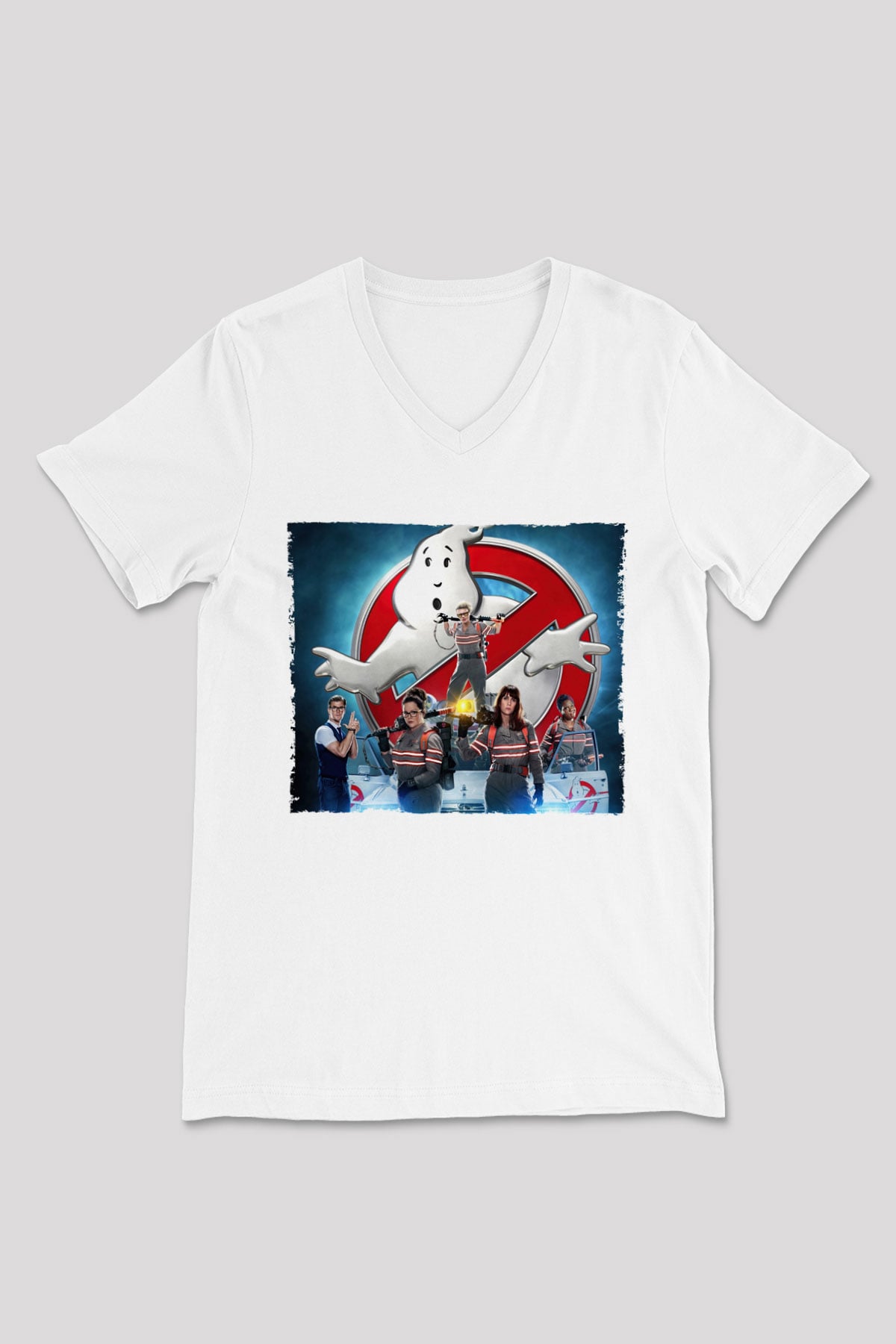 Unisex Hayalet Avcıları (Ghostbusters) Baskılı Beyaz V Yaka Tshirt
