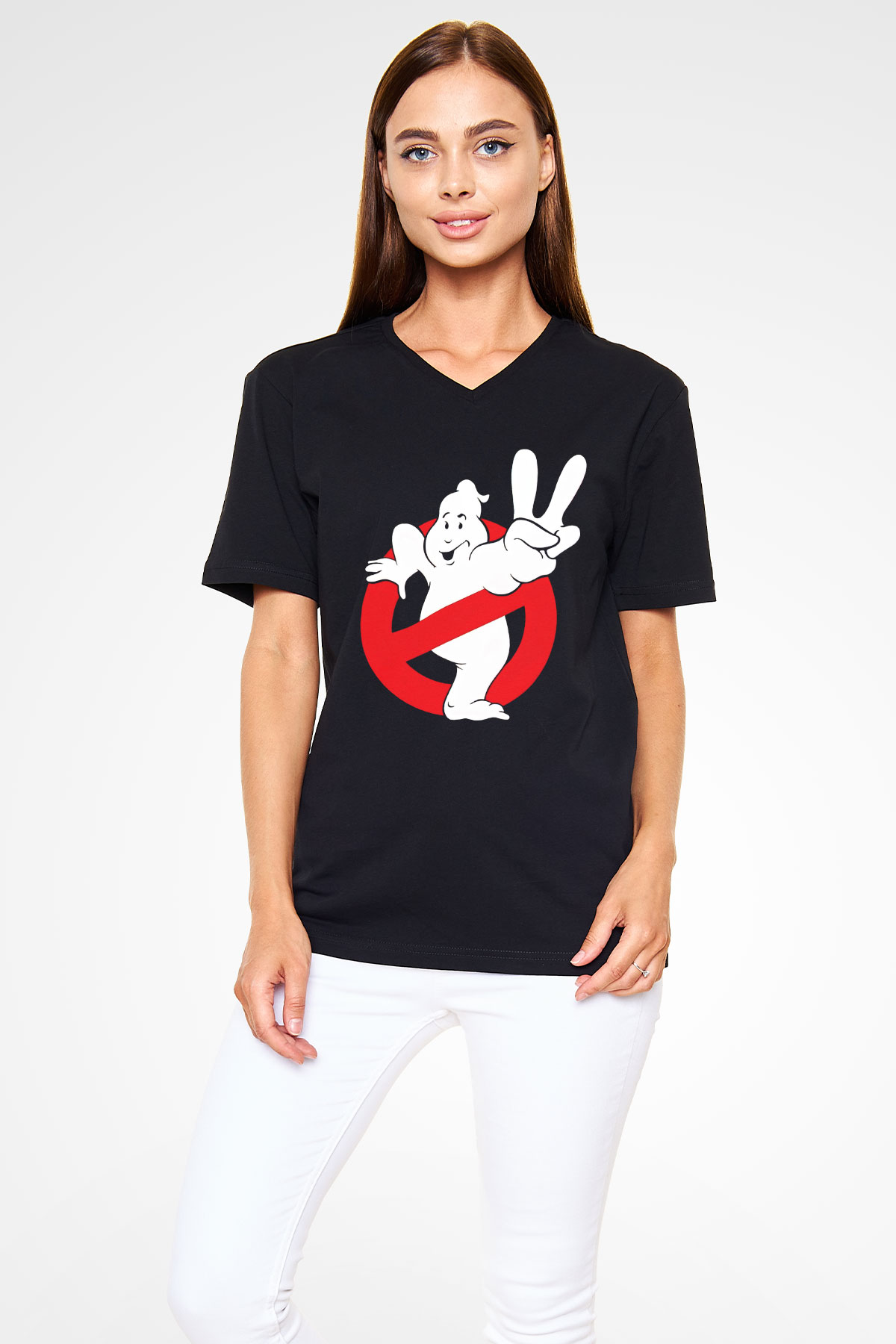 Unisex Hayalet Avcıları (Ghostbusters) Baskılı Siyah V Yaka Tshirt