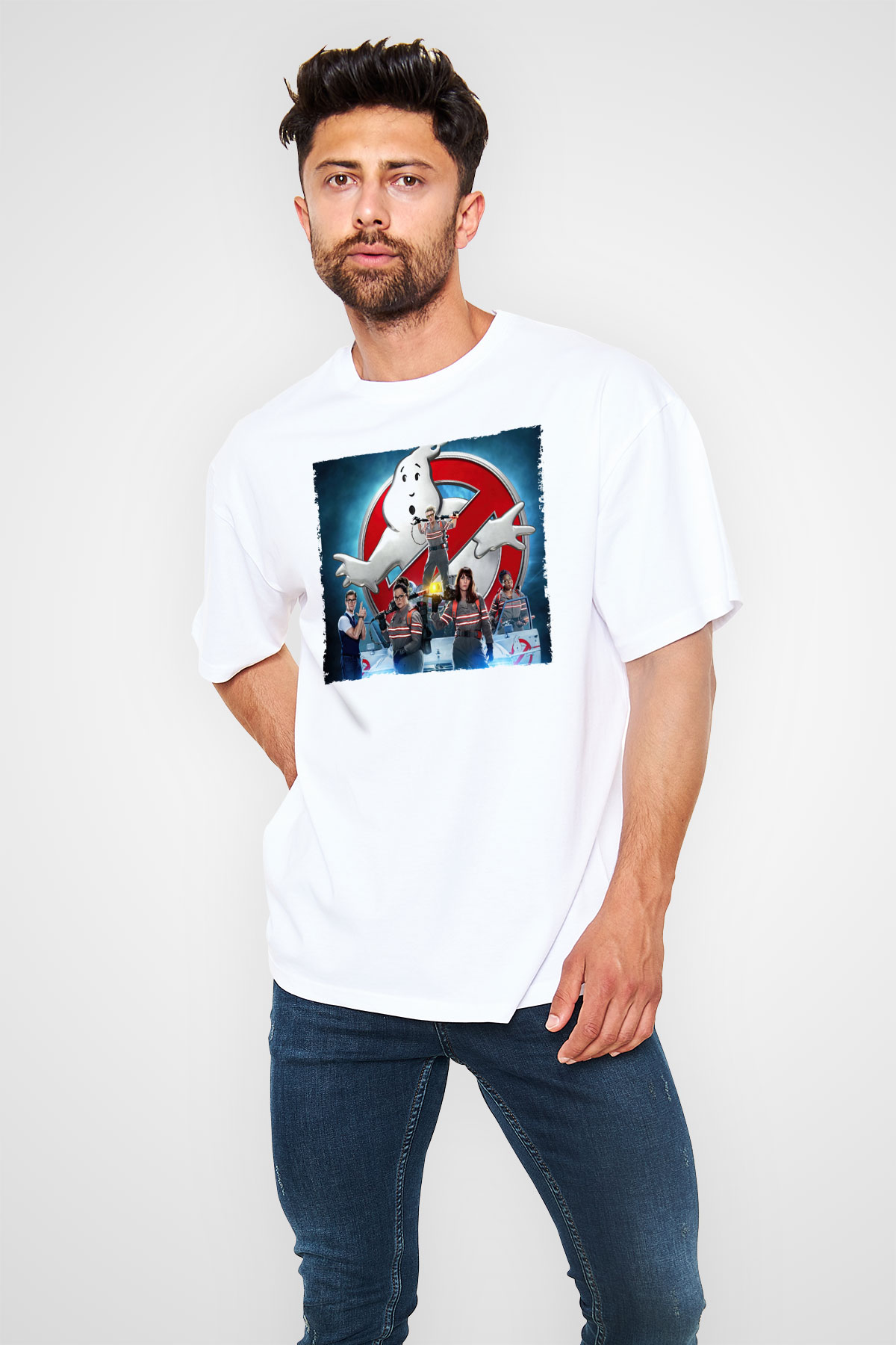 Unisex Hayalet Avcıları (Ghostbusters) Baskılı Beyaz Oversize Oversize T-shirt
