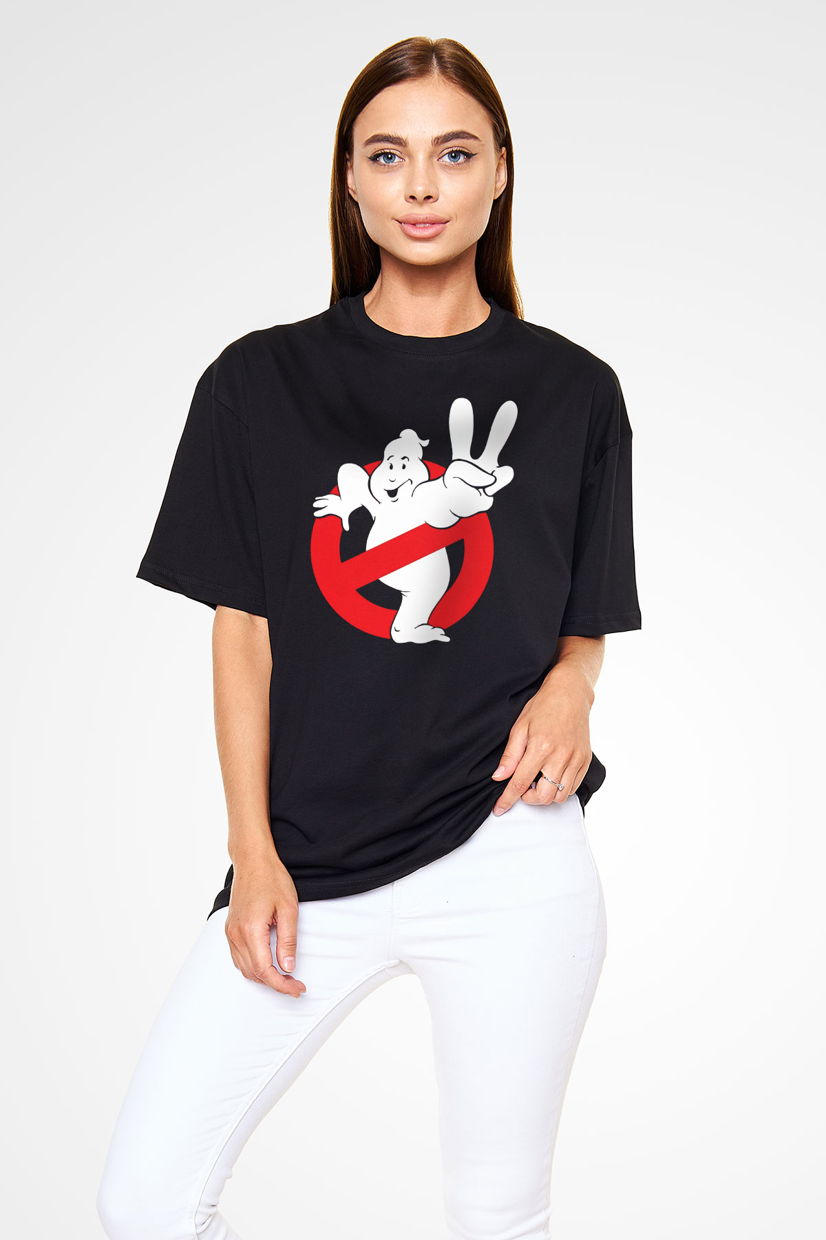 Unisex Hayalet Avcıları (Ghostbusters) Baskılı Siyah Oversize Tshirt