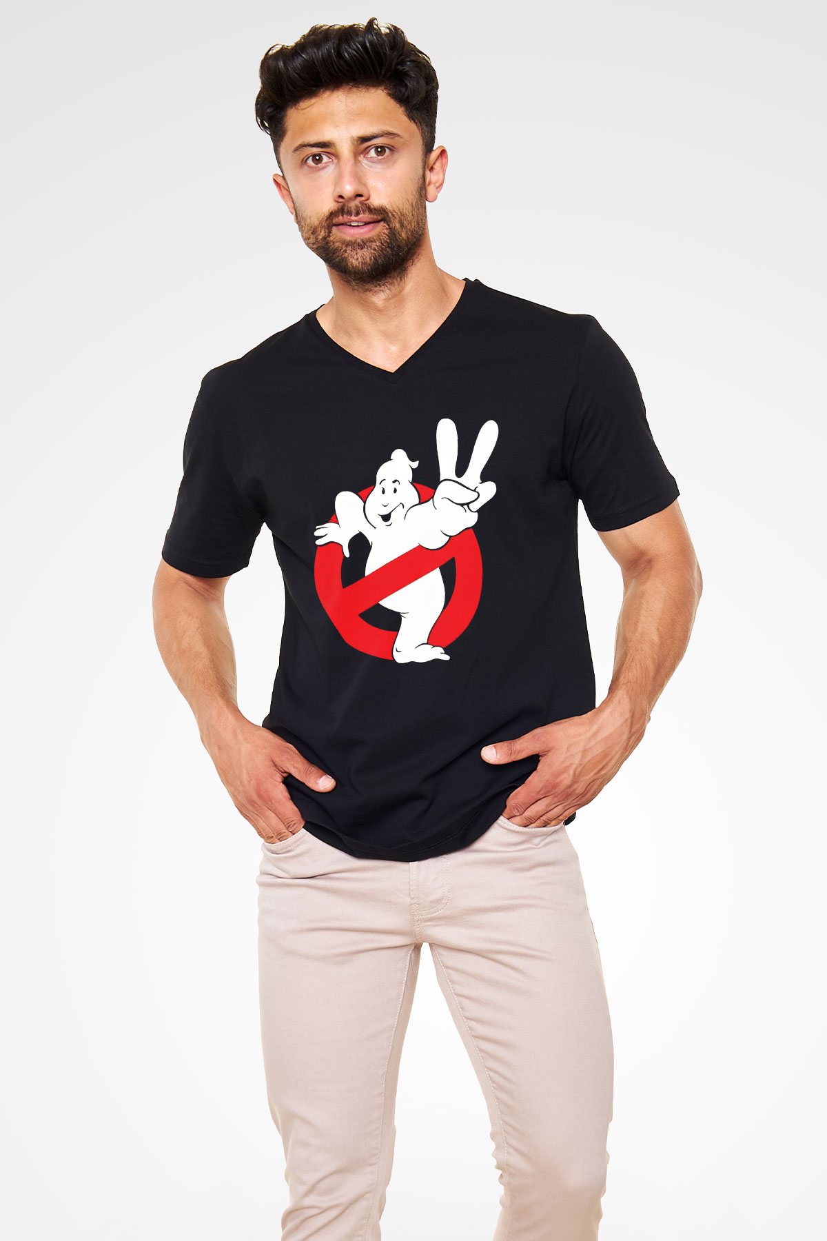 Unisex Hayalet Avcıları (Ghostbusters) Baskılı Siyah V Yaka Tshirt