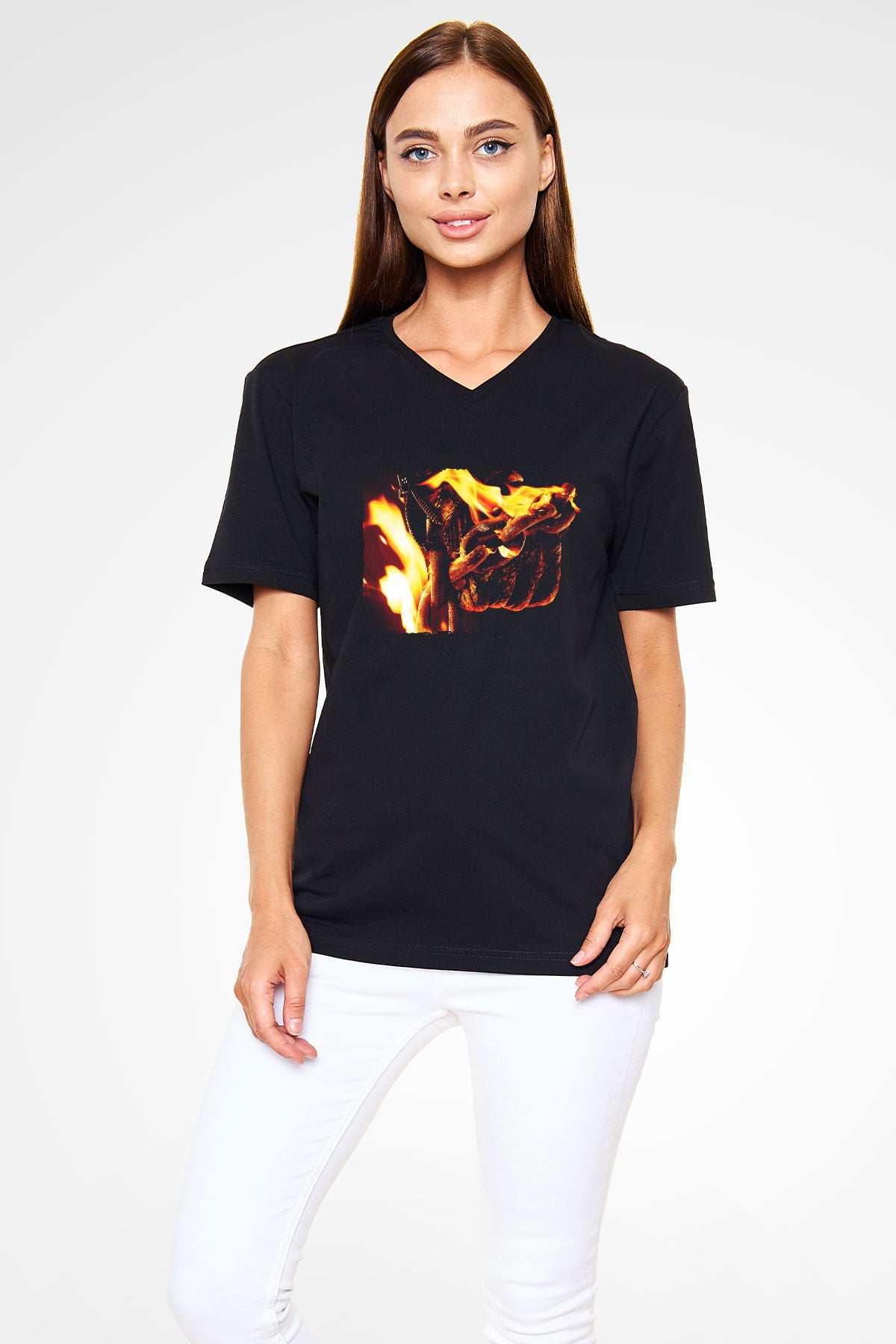 Unisex Hayalet Sürücü 2 İntikam Ateşi (Ghost Rider Spirit of Vengeance) Baskılı Siyah V Yaka Tişört