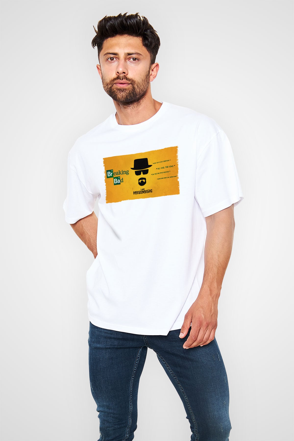 Unisex Heisenberg - Breaking Bad Baskılı Beyaz Oversize Oversize T-shirt