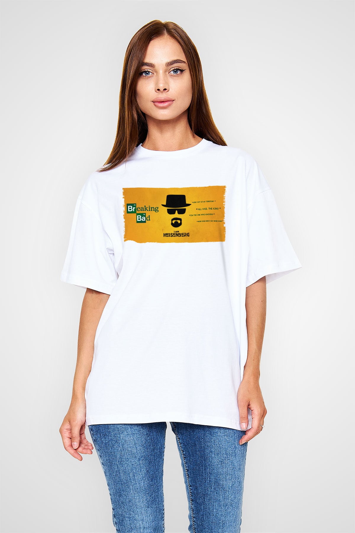 Unisex Heisenberg - Breaking Bad Baskılı Beyaz Oversize Oversize T-shirt