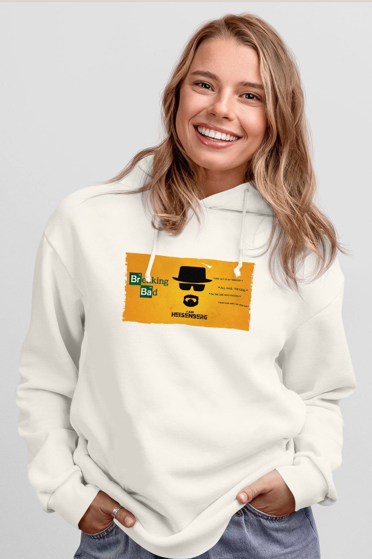 Unisex Heisenberg - Breaking Bad Baskılı Beyaz Kapüşonlu Sweatshirt