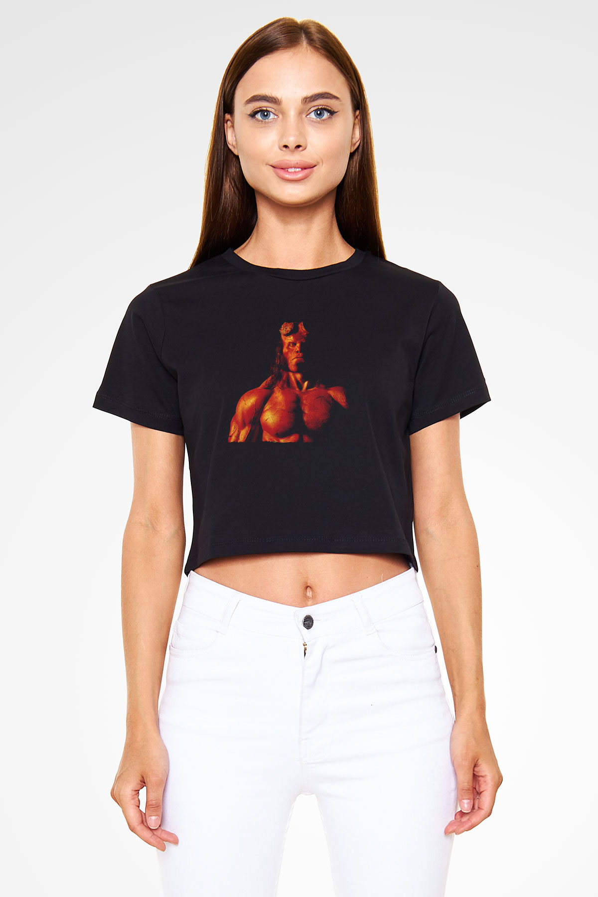 Unisex Hellboy Baskılı Siyah Crop Top T-shirt