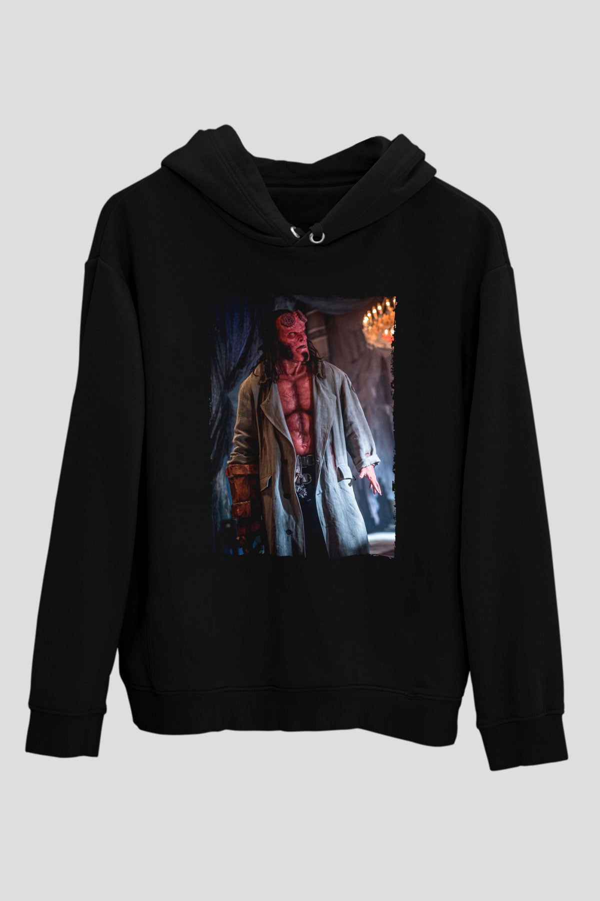 Unisex Hellboy Baskılı Siyah Kapüşonlu Sweatshirt