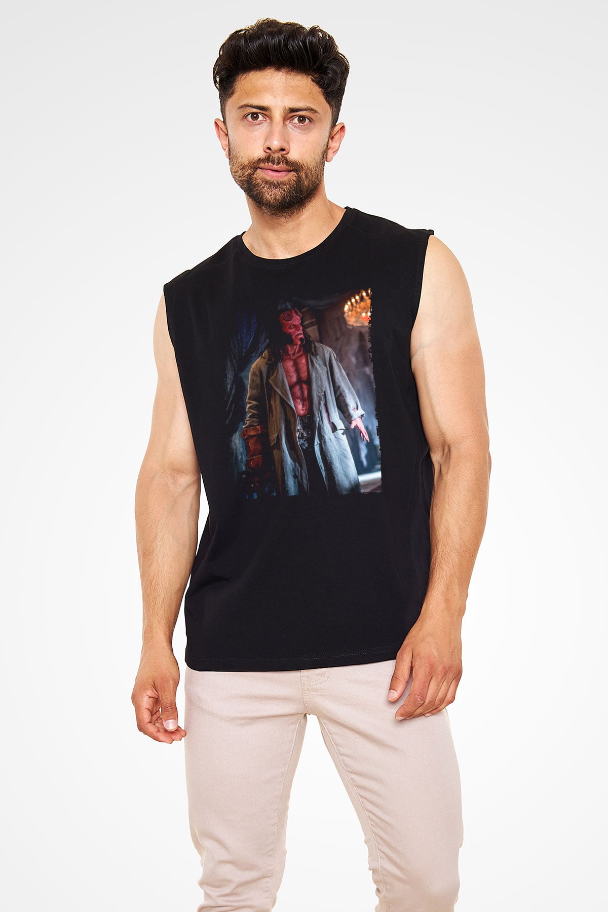 Unisex Hellboy Baskılı Siyah Kolsuz Tişört
