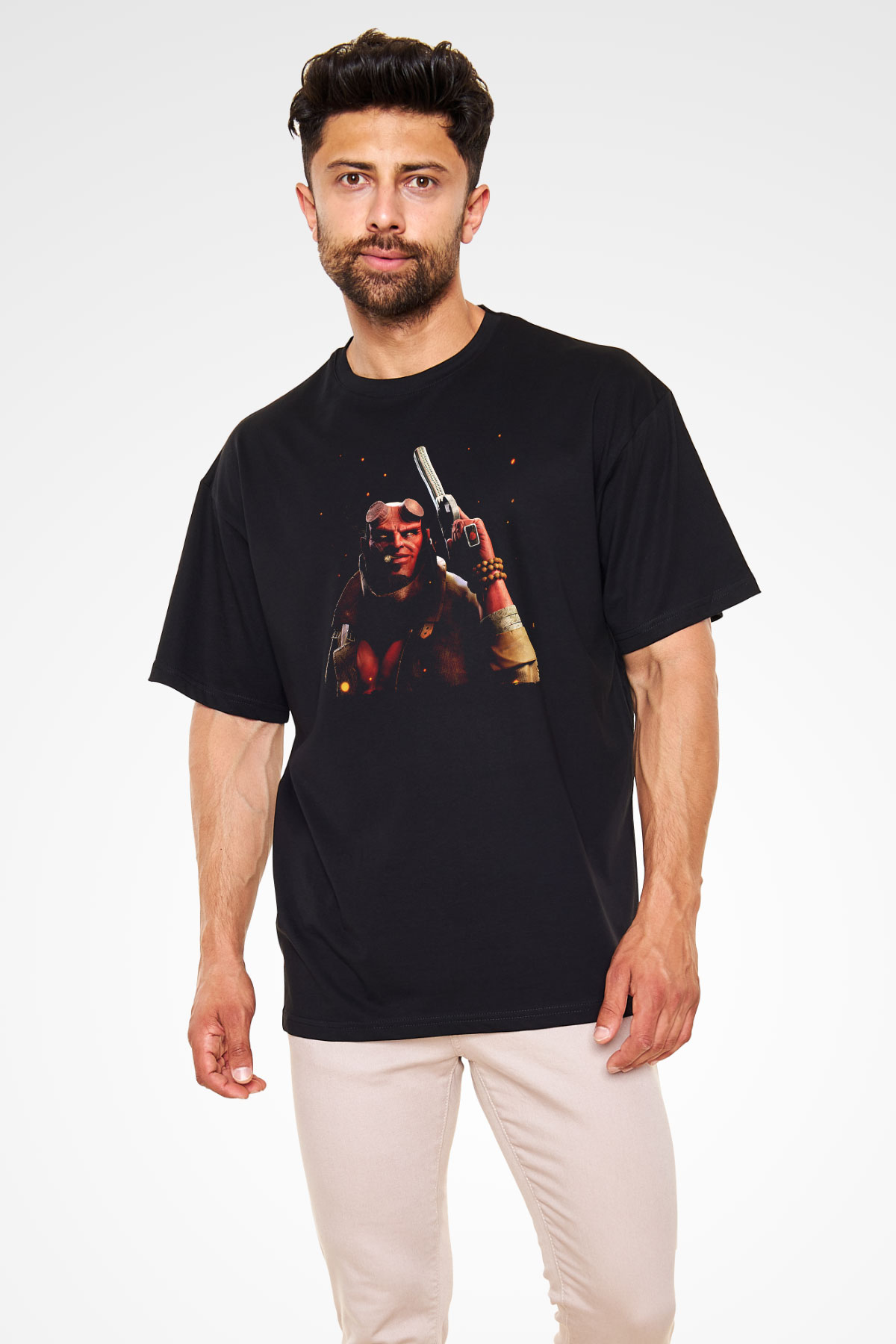 Unisex Hellboy Baskılı Siyah Oversize Tshirt