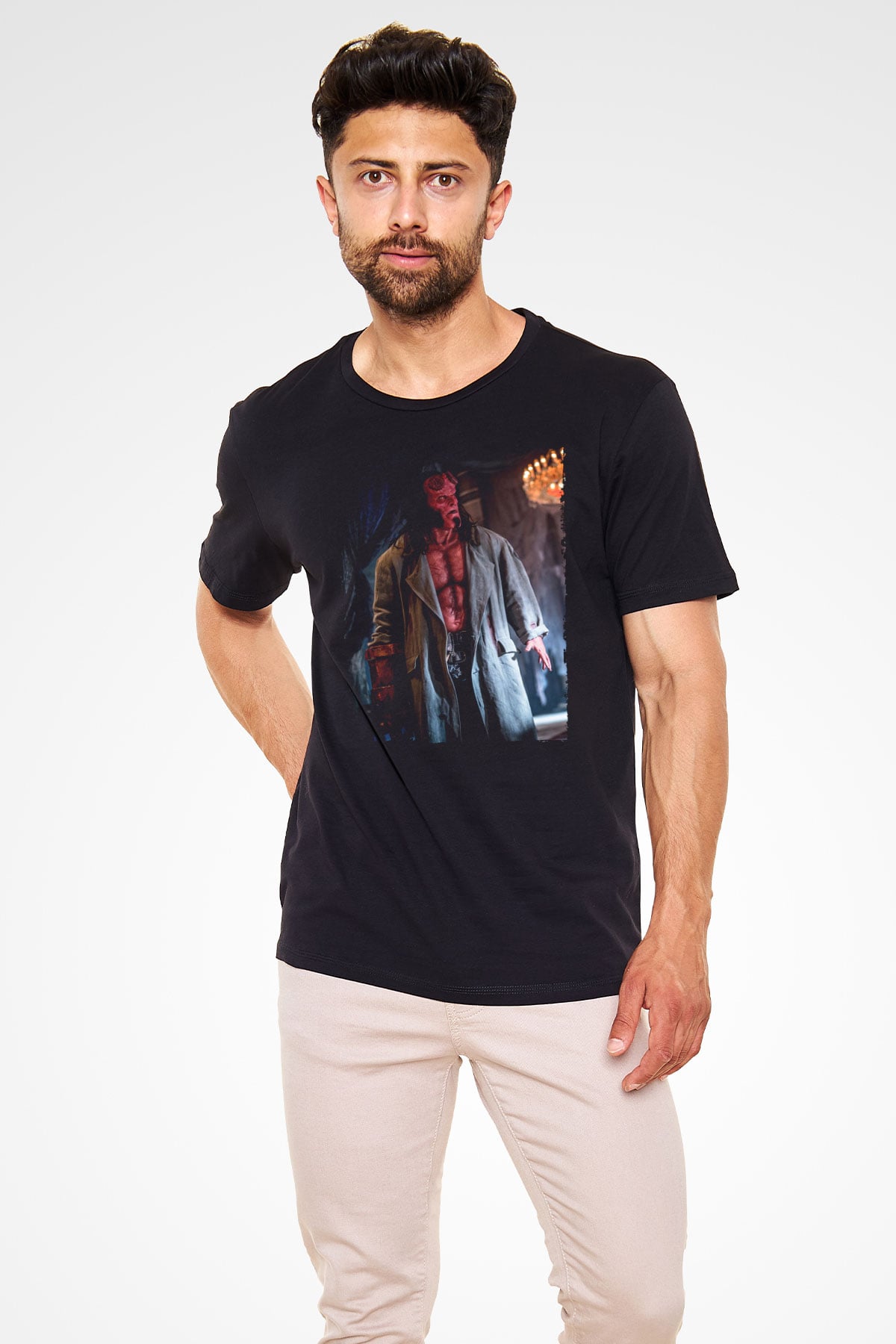 Unisex Hellboy Baskılı Siyah Tişört