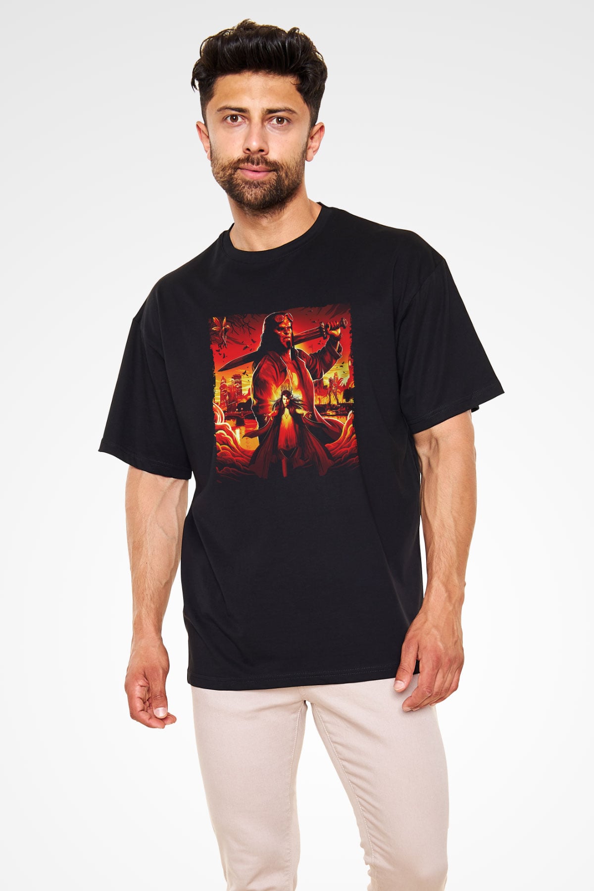 Unisex Hellboy Baskılı Siyah Unisex Oversize T-shirt