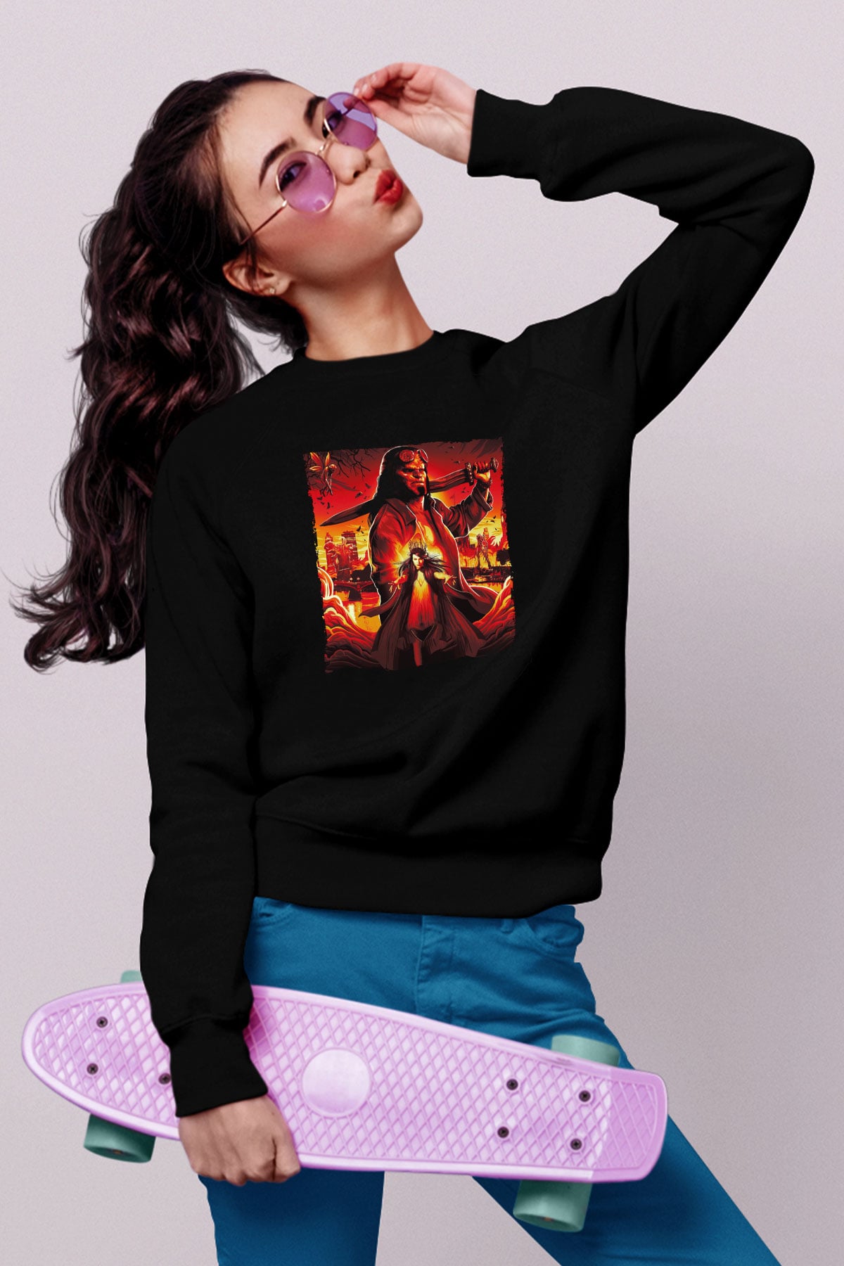Unisex Hellboy Baskılı Siyah Unisex Sweatshirt