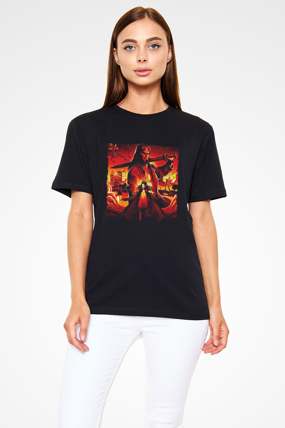 Unisex Hellboy Baskılı Siyah Unisex T-shirt