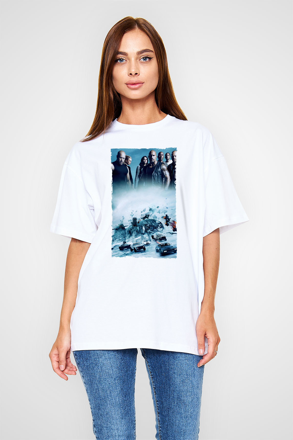 Unisex Hızlı ve Öfkeli 8 (The Fate of the Furious) Baskılı Beyaz Oversize Oversize T-shirt