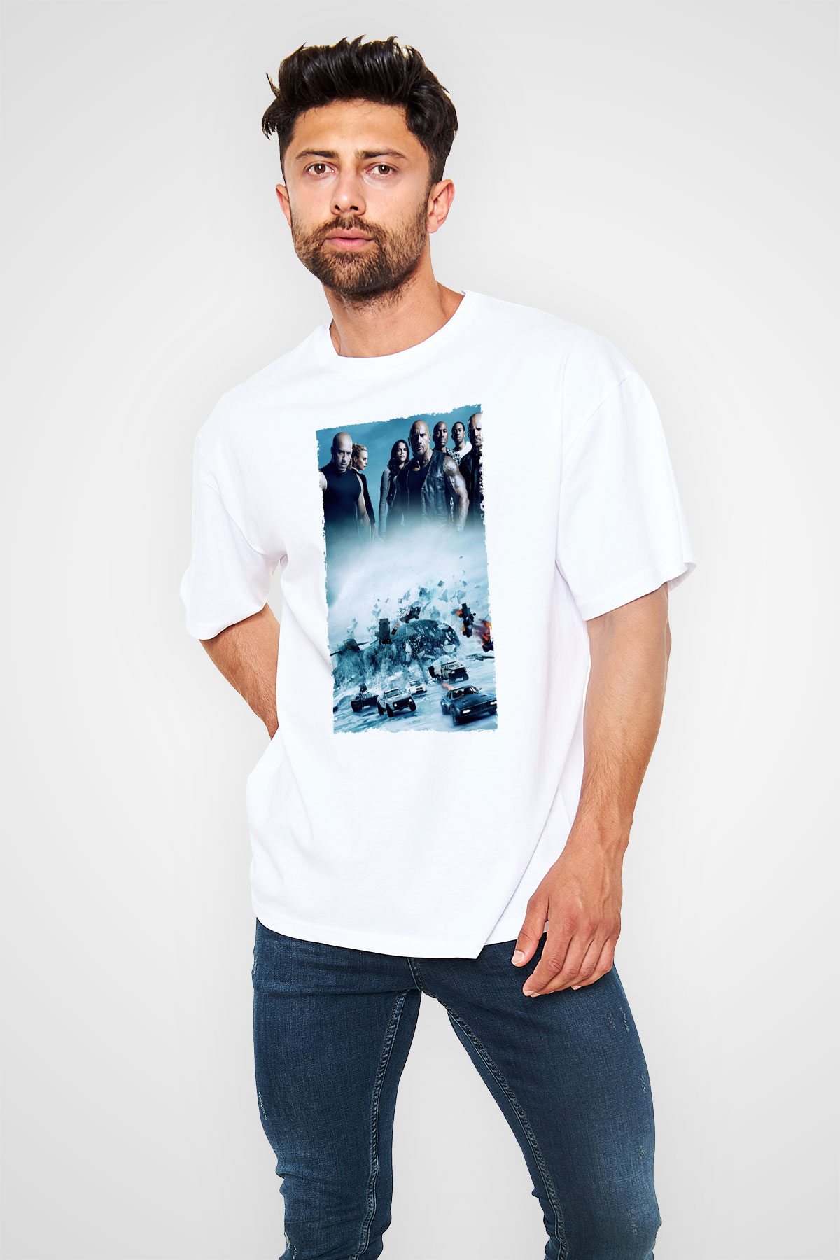 Unisex Hızlı ve Öfkeli 8 (The Fate of the Furious) Baskılı Beyaz Oversize Oversize T-shirt