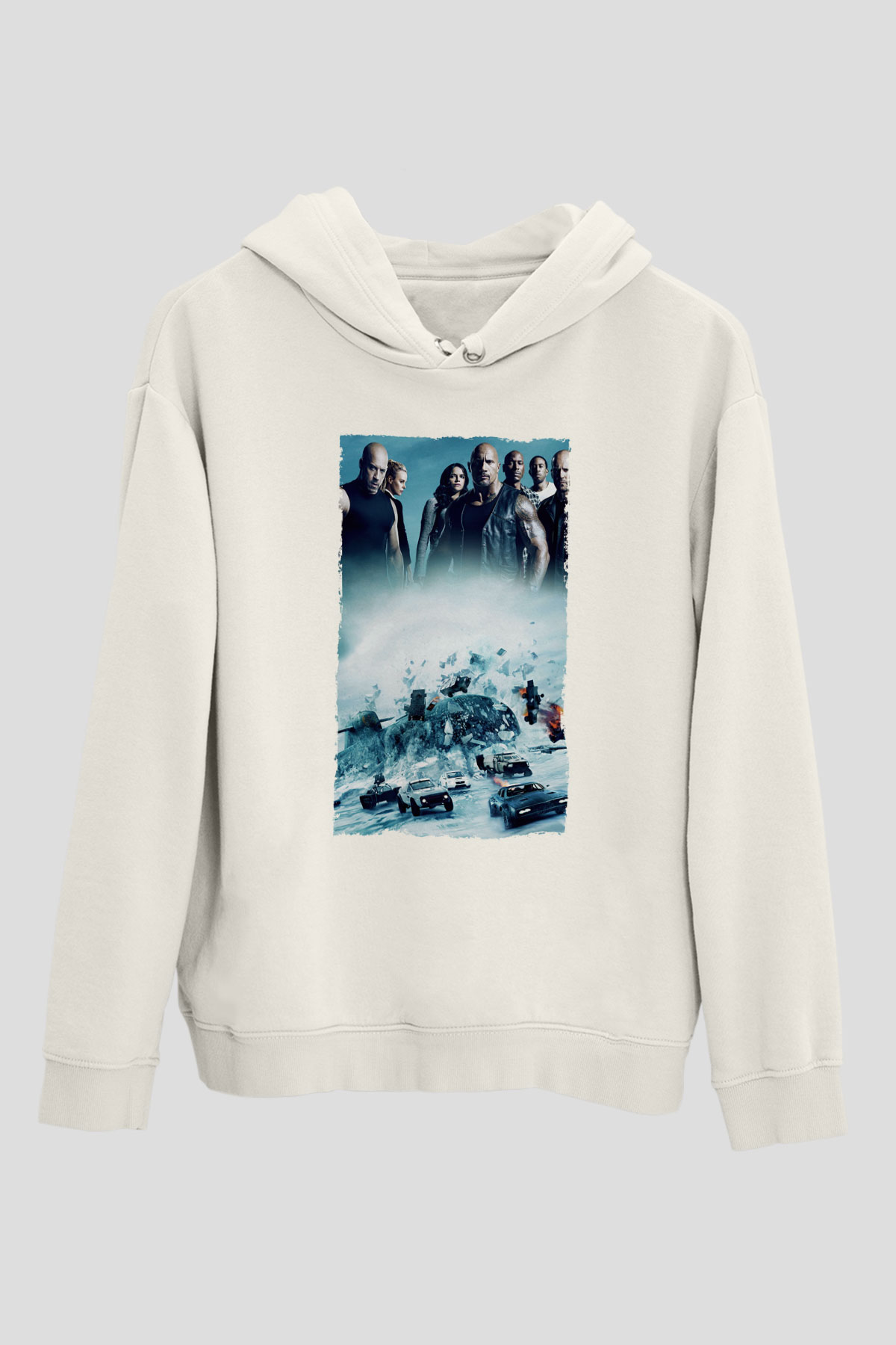 Unisex Hızlı ve Öfkeli 8 (The Fate of the Furious) Baskılı Beyaz Kapüşonlu Sweatshirt