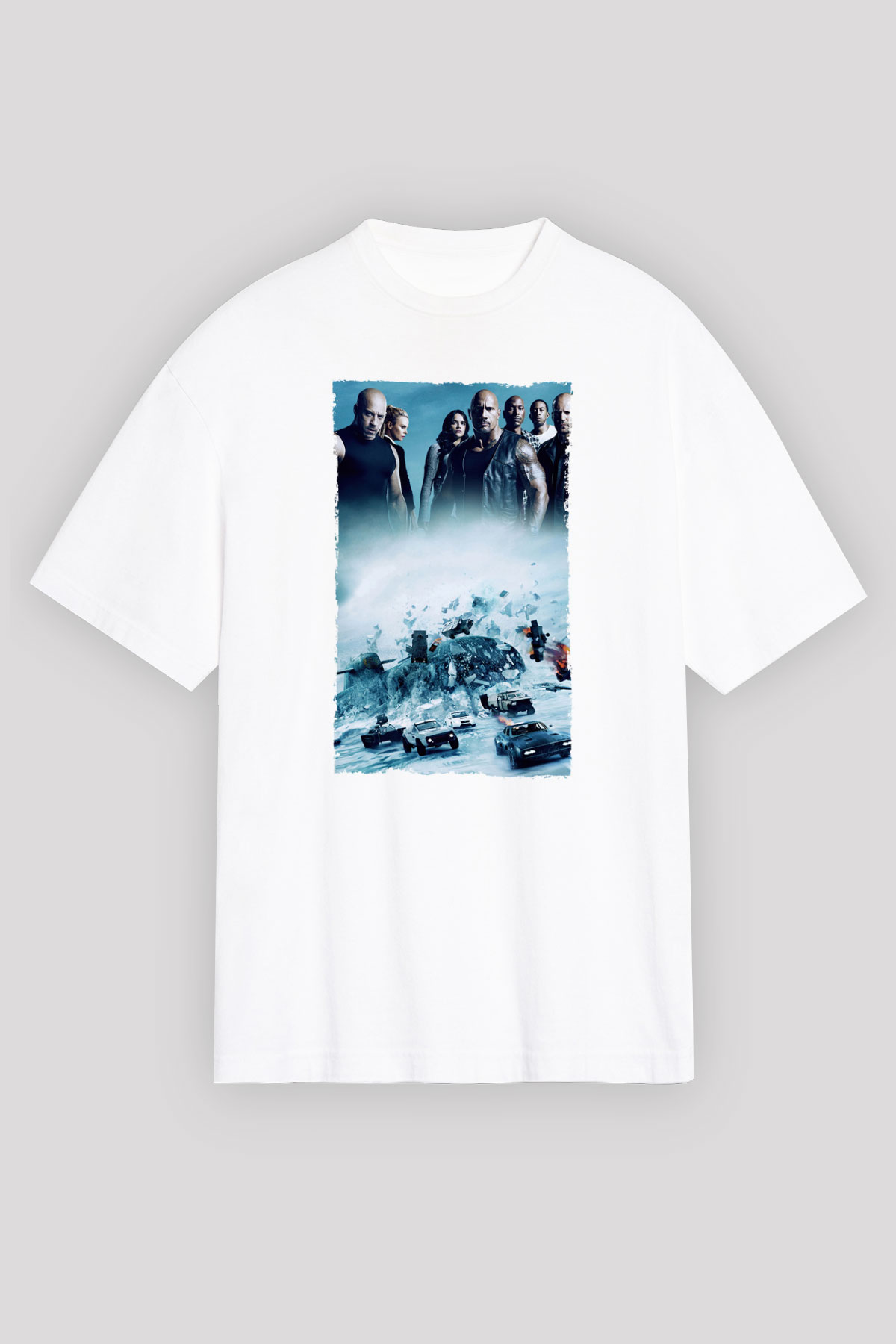Unisex Hızlı ve Öfkeli 8 (The Fate of the Furious) Baskılı Beyaz Oversize Oversize T-shirt