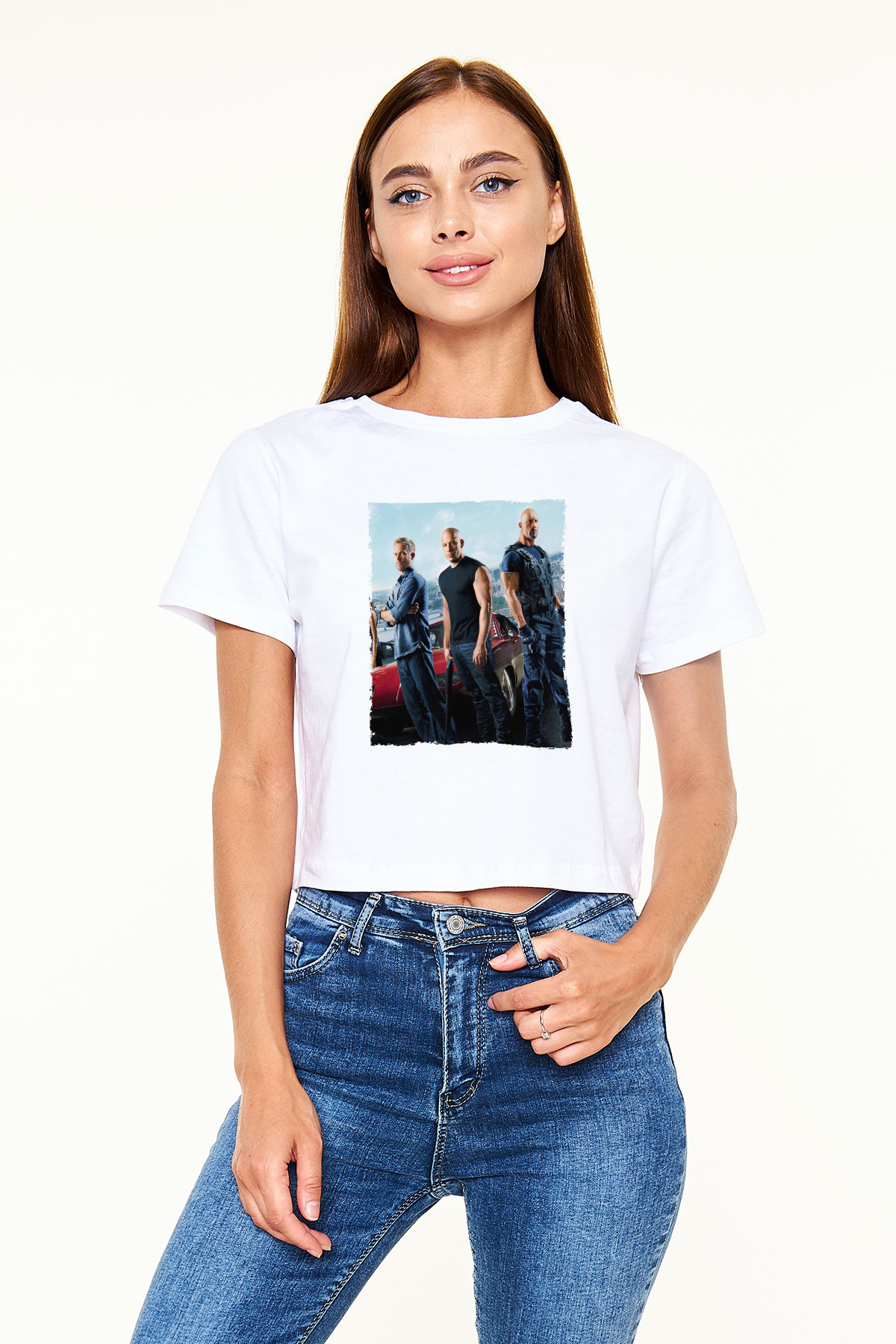Unisex Hızlı ve Öfkeli Baskılı Beyaz Crop Top Tişört