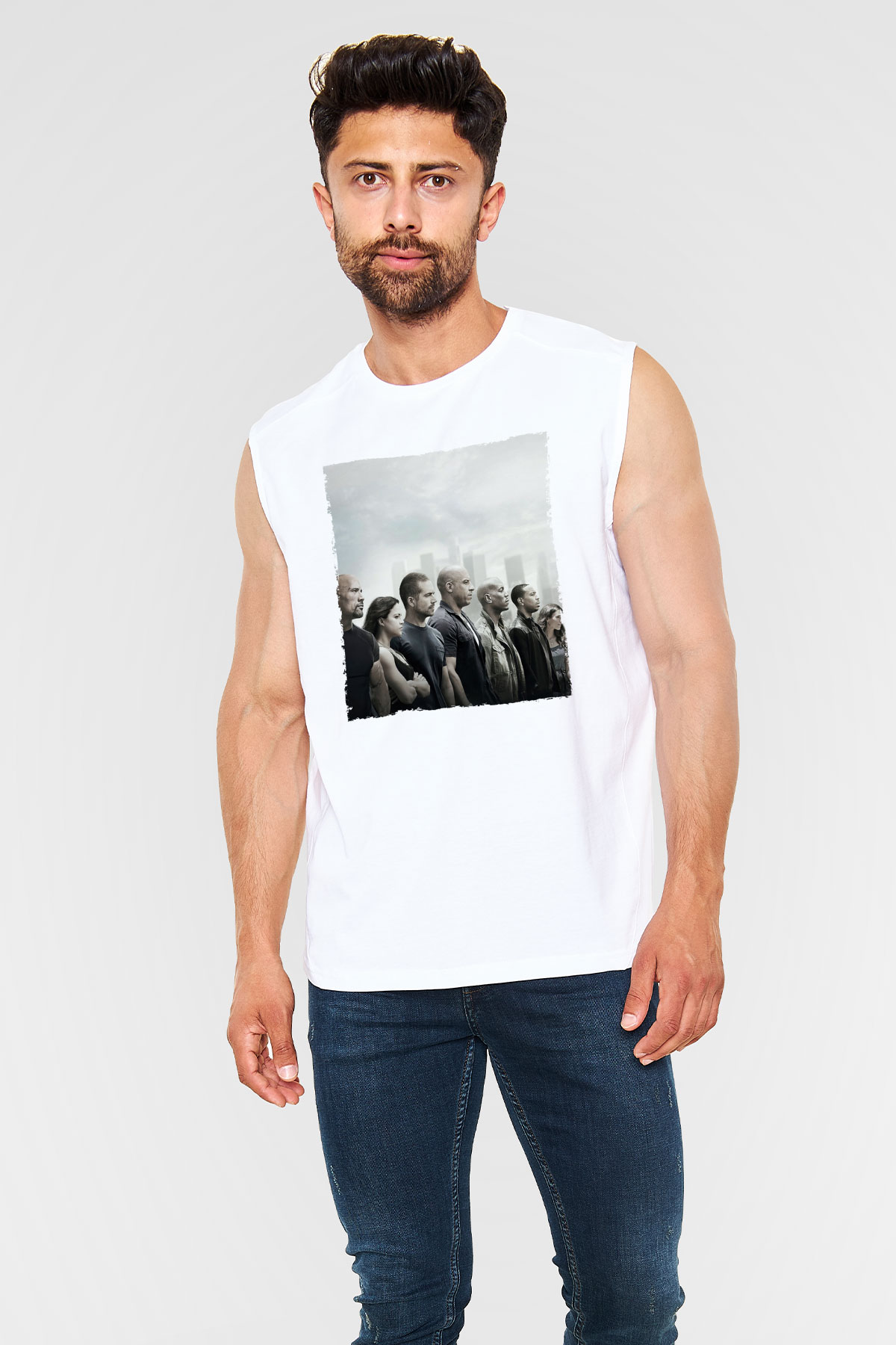 Unisex Hızlı ve Öfkeli Baskılı Beyaz Kolsuz T-shirt