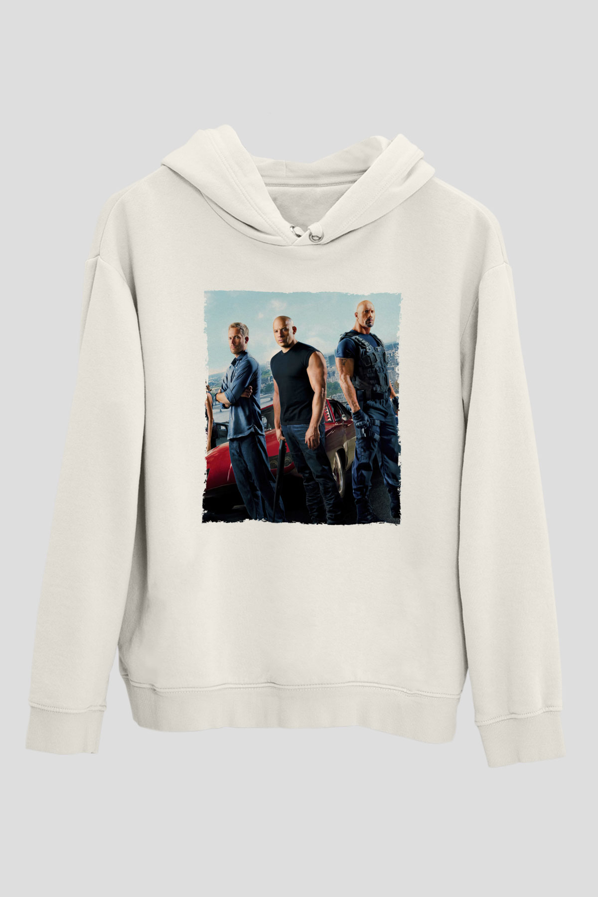 Unisex Hızlı ve Öfkeli Baskılı Beyaz Kapüşonlu Sweatshirt