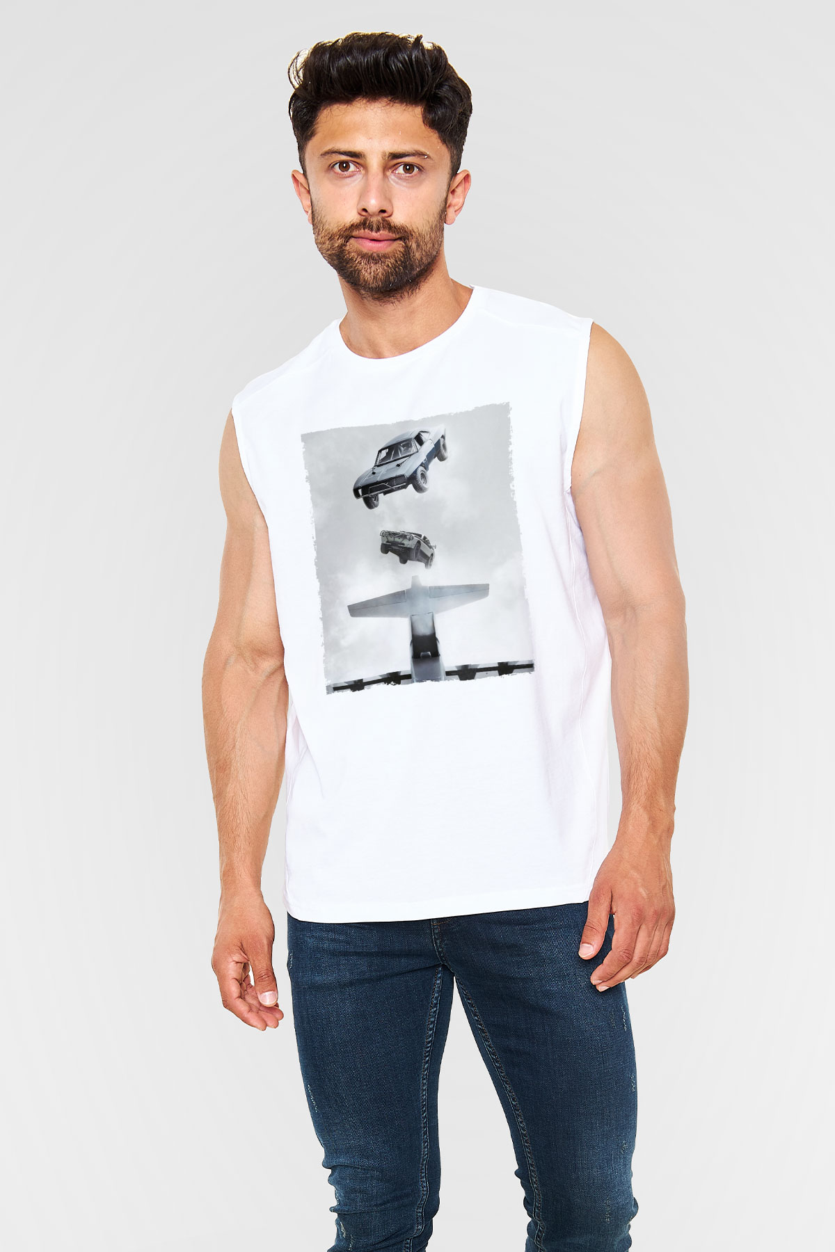 Unisex Hızlı ve Öfkeli Baskılı Beyaz Kolsuz Tshirt