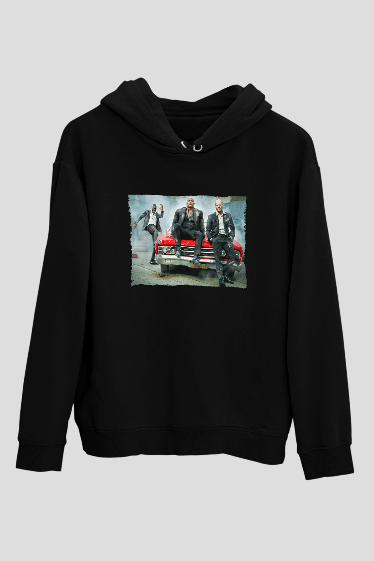 Unisex Hızlı ve Öfkeli Hobbs ve Shaw (Hobbs & Shaw) Baskılı Siyah Kapüşonlu Sweatshirt