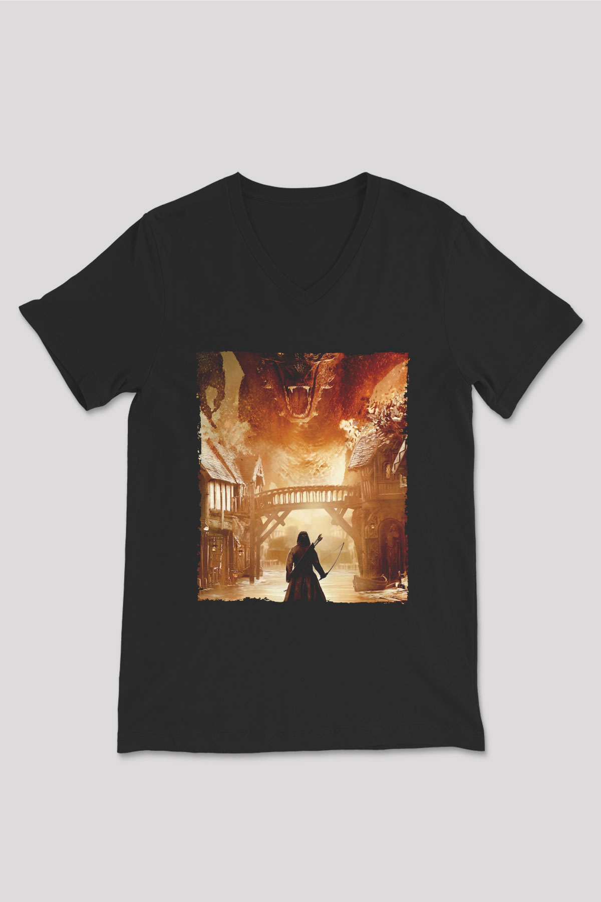 Unisex Hobbit Beş Ordunun Savaşı (The Hobbit The Battle of the Five Armies) Baskılı Siyah Unisex V Yaka Tshirt