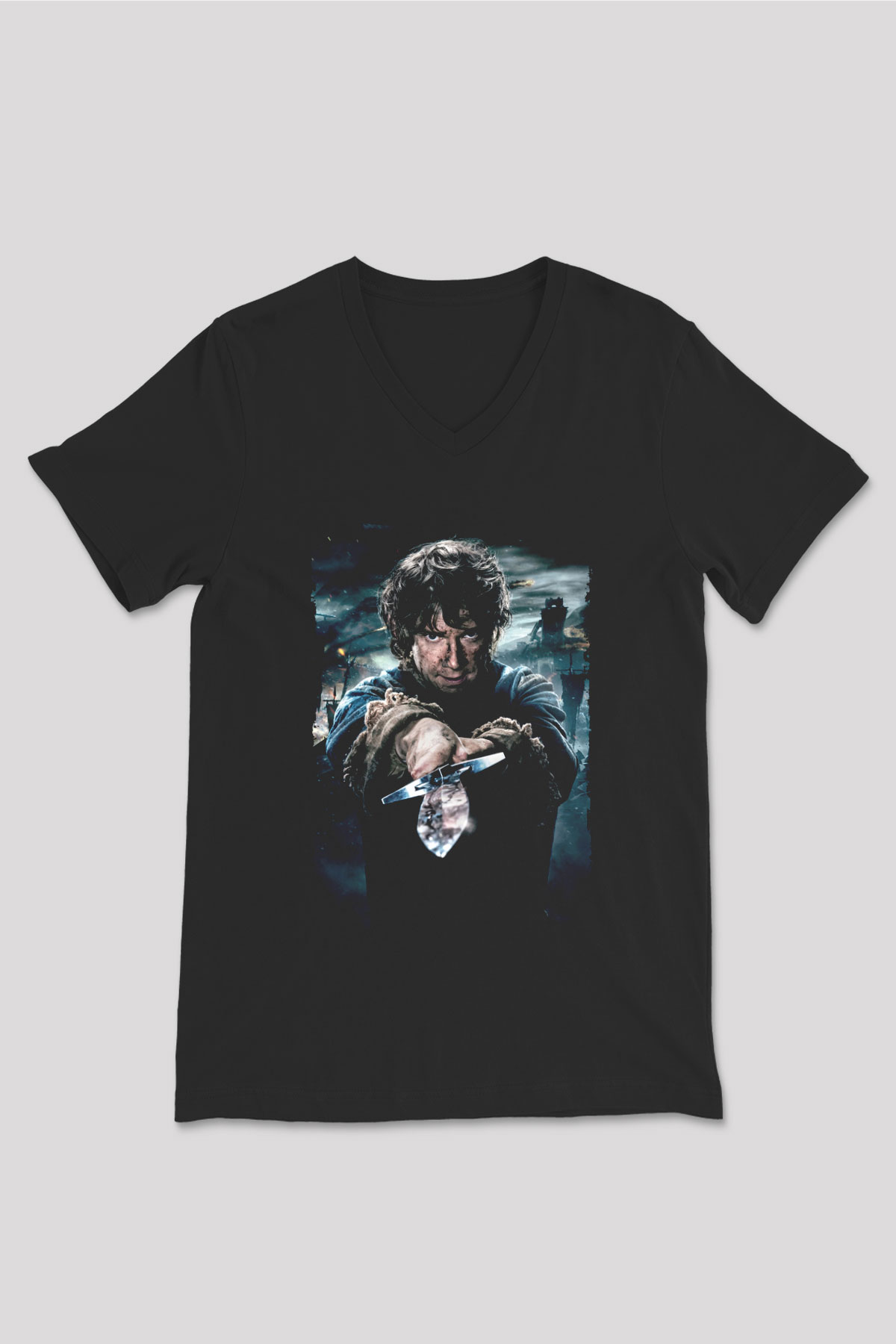 Unisex Hobbit Beş Ordunun Savaşı (The Hobbit The Battle of the Five Armies) Baskılı Siyah V Yaka Tshirt