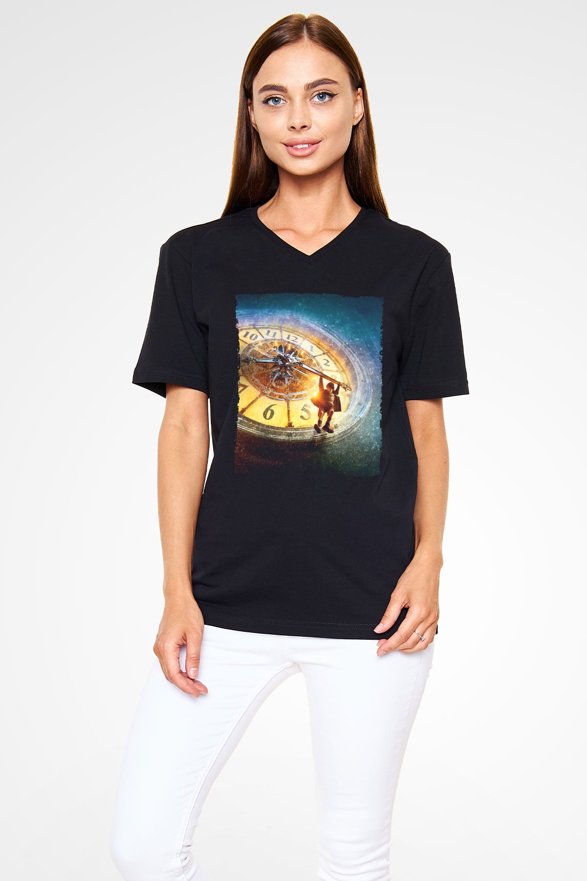 Unisex Hugo Baskılı Siyah V Yaka Tshirt