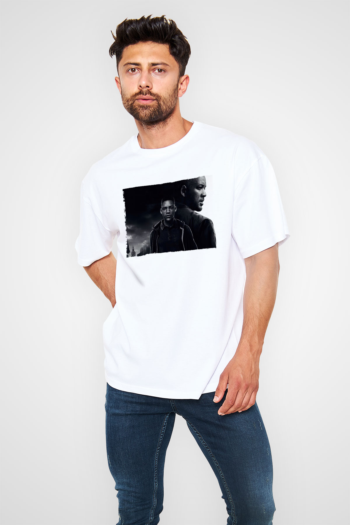 Unisex İkizler Projesi (Gemini Man) Baskılı Beyaz Oversize Tişört