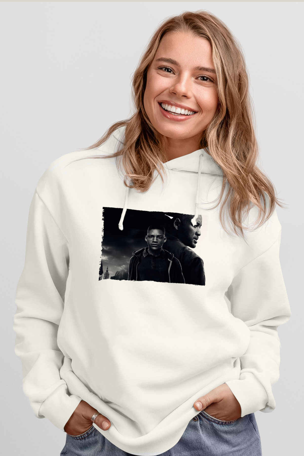 Unisex İkizler Projesi (Gemini Man) Baskılı Beyaz Kapüşonlu Sweatshirt