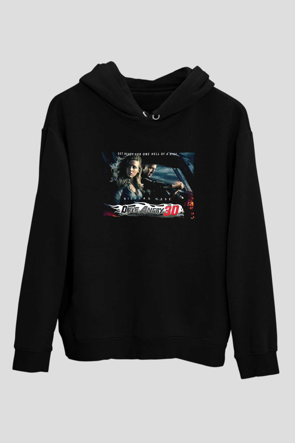 Unisex İntikam Yolu (Drive Angry) Baskılı Siyah Kapüşonlu Sweatshirt