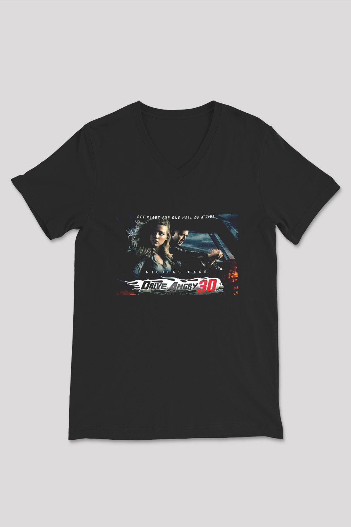 Unisex İntikam Yolu (Drive Angry) Baskılı Siyah V Yaka T-shirt