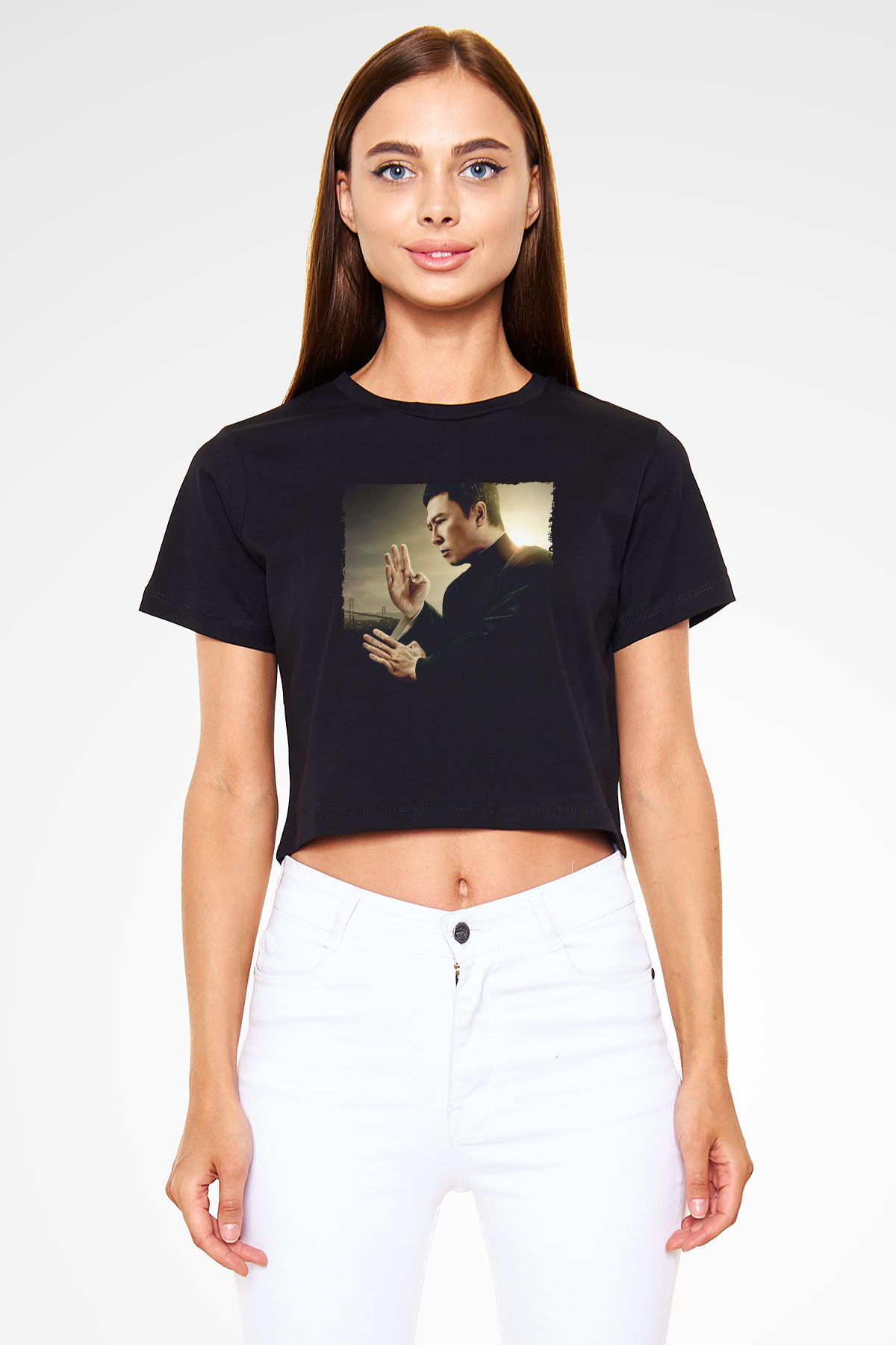 Unisex Ip Man Baskılı Siyah Crop Top Tshirt