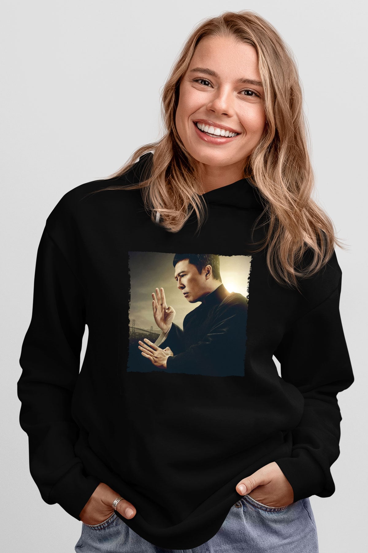 Unisex Ip Man Baskılı Siyah Kapüşonlu Sweatshirt