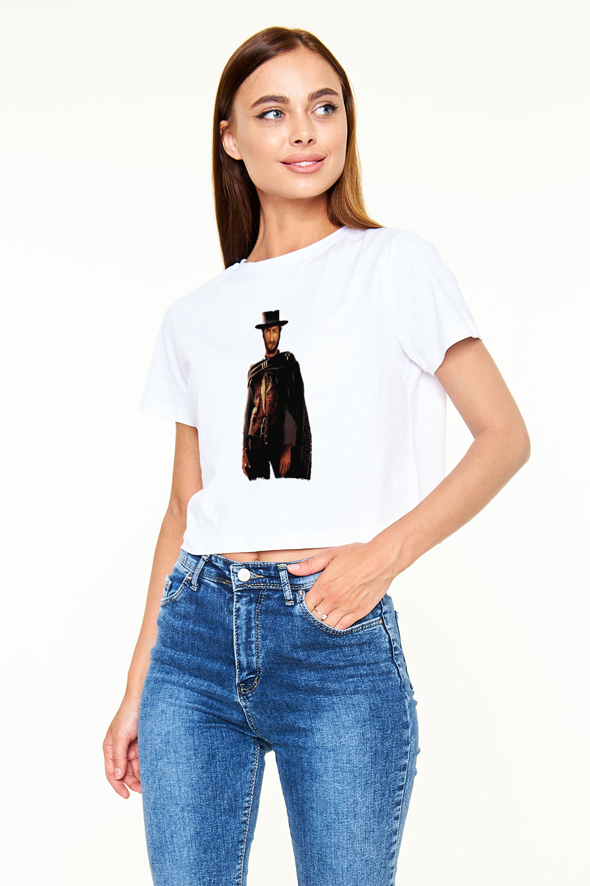 Unisex İyi, Kötü ve Çirkin (The Good, the Bad and the Ugly) Baskılı Beyaz Crop Top Tshirt