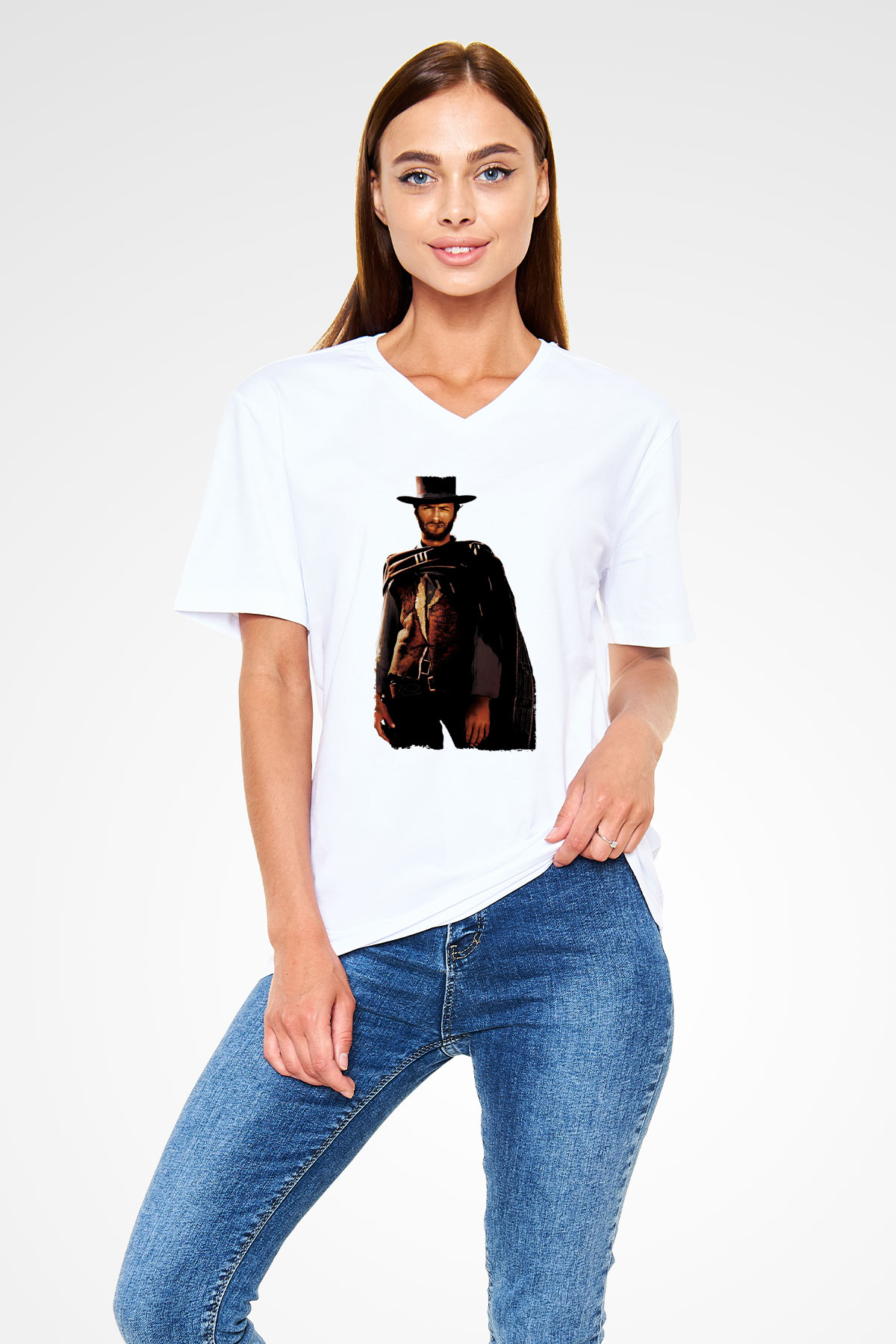 Unisex İyi, Kötü ve Çirkin (The Good, the Bad and the Ugly) Baskılı Beyaz V Yaka Tshirt