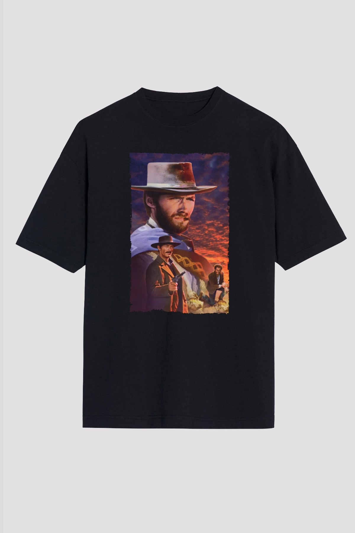 Unisex İyi, Kötü ve Çirkin (The Good, the Bad and the Ugly) Baskılı Siyah Oversize T-shirt