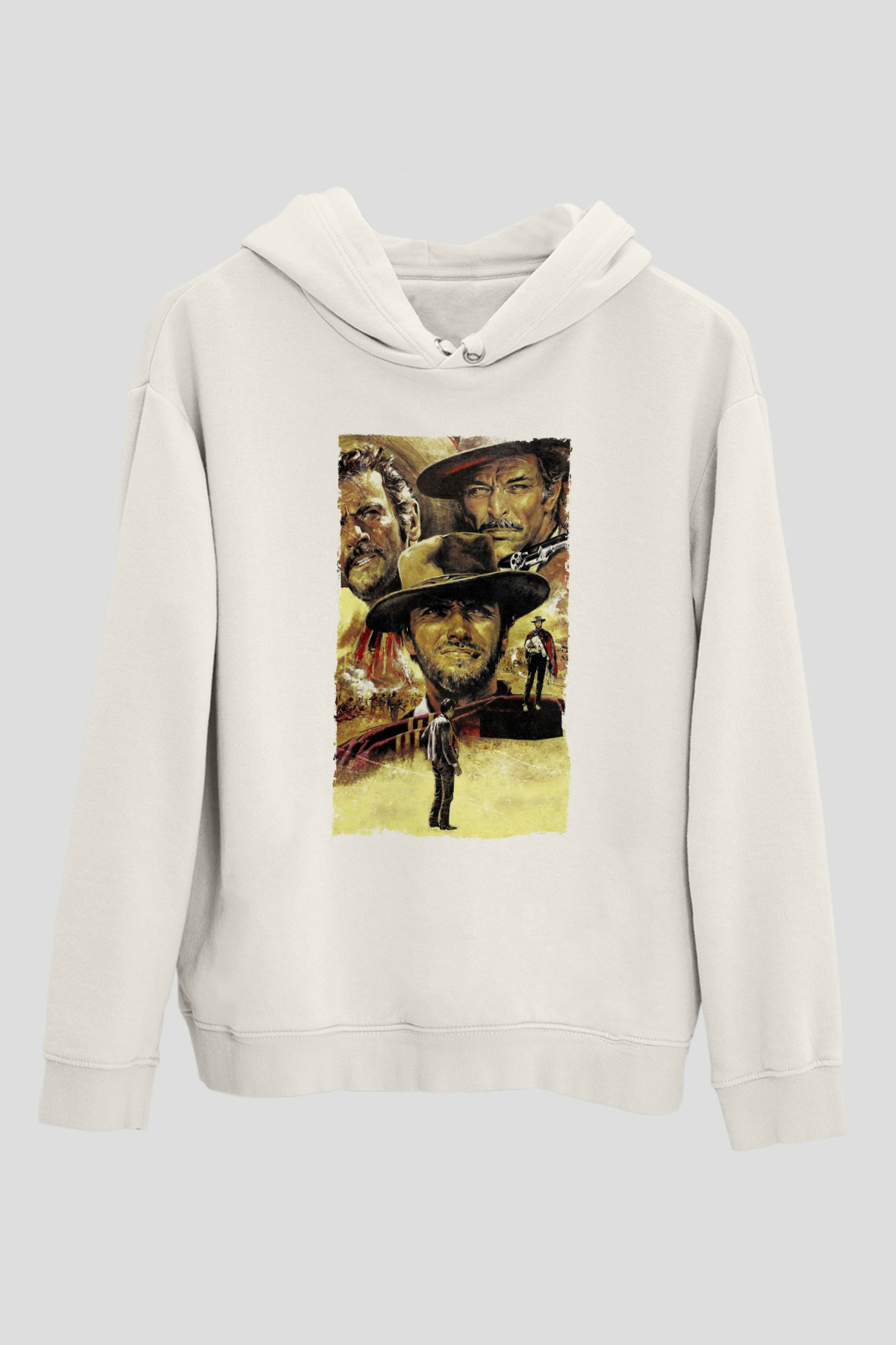 Unisex İyi, Kötü ve Çirkin (The Good, the Bad and the Ugly) Baskılı Beyaz Kapüşonlu Sweatshirt
