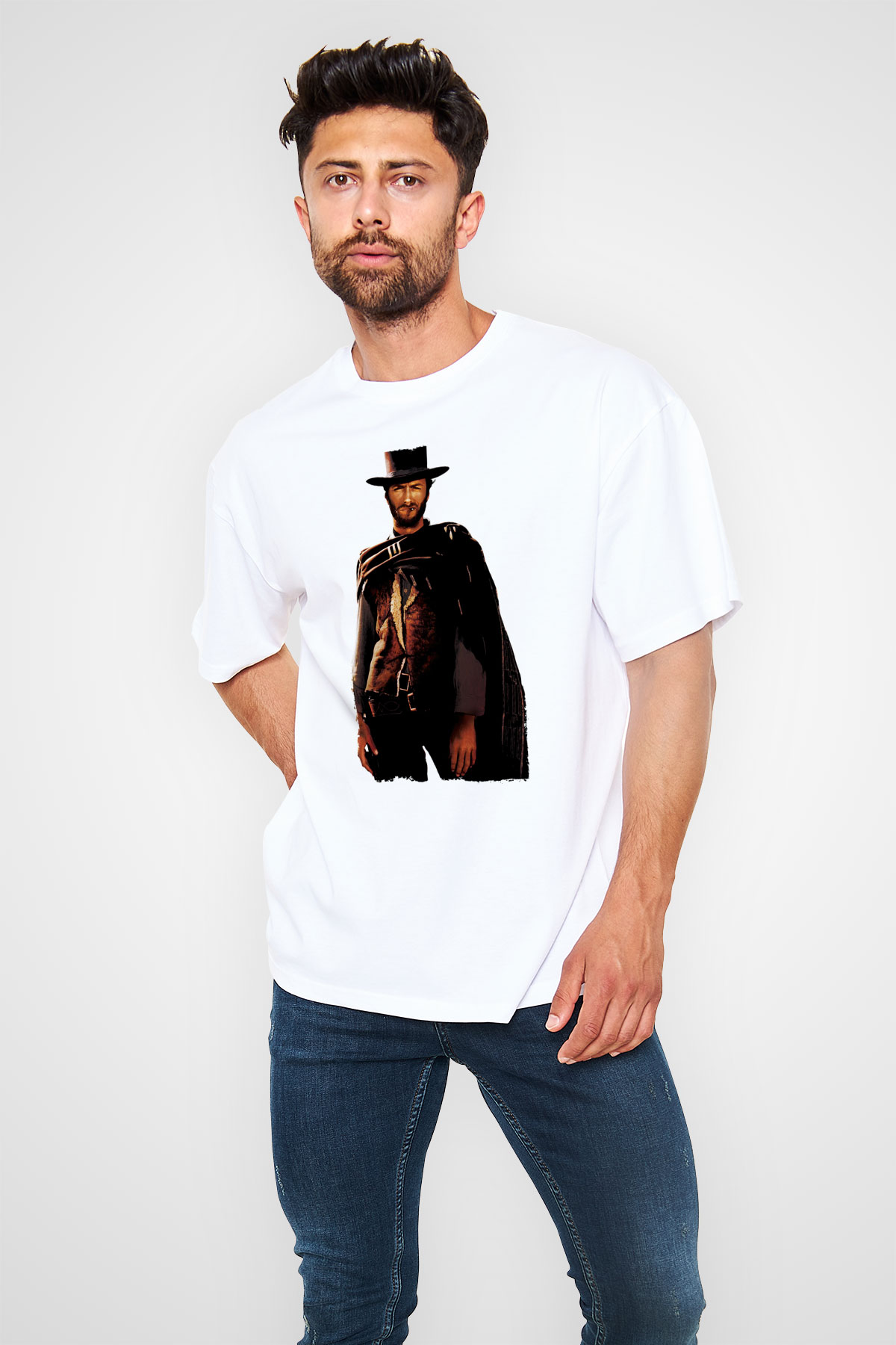 Unisex İyi, Kötü ve Çirkin (The Good, the Bad and the Ugly) Baskılı Beyaz Oversize Oversize T-shirt