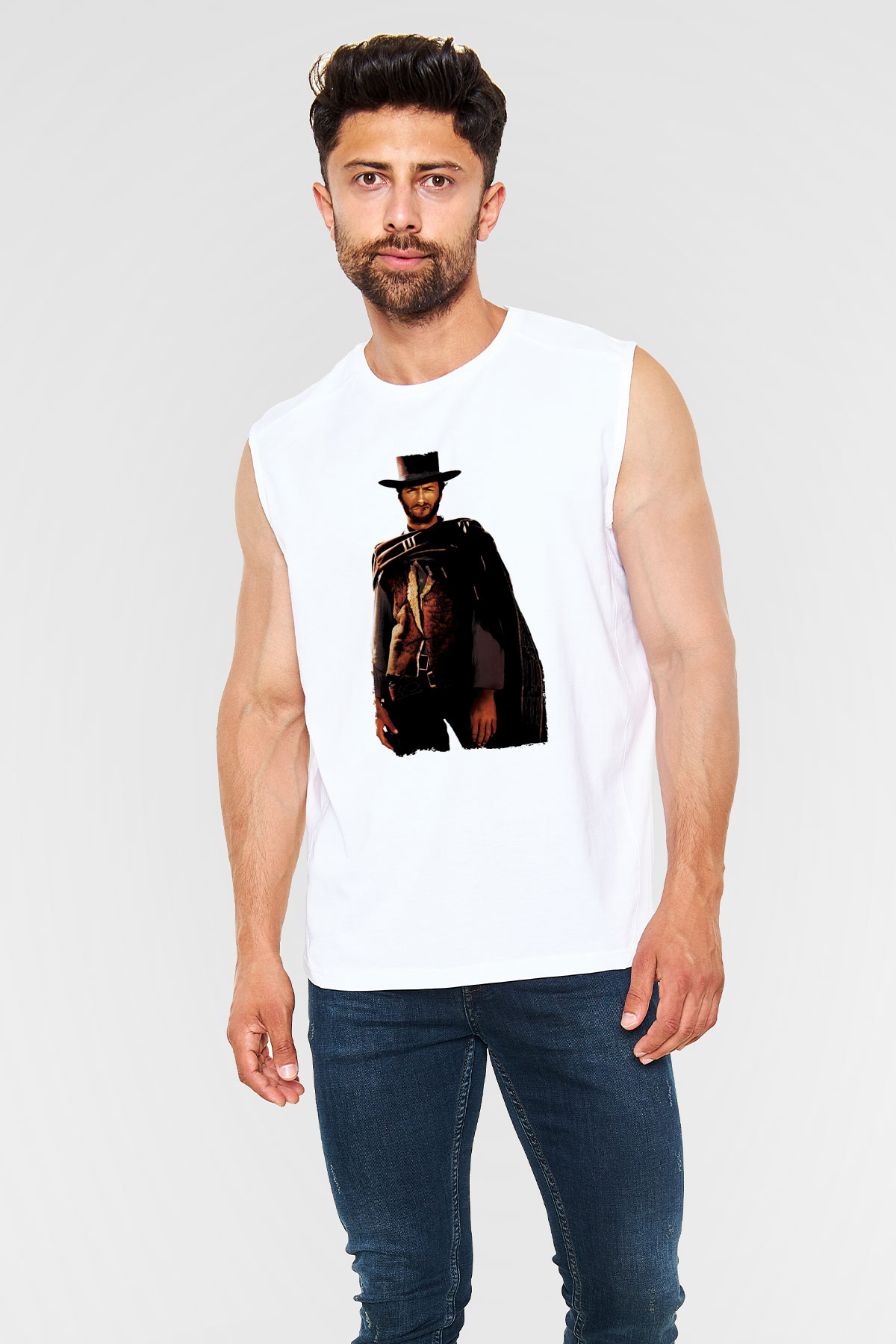 Unisex İyi, Kötü ve Çirkin (The Good, the Bad and the Ugly) Baskılı Beyaz Kolsuz Tshirt