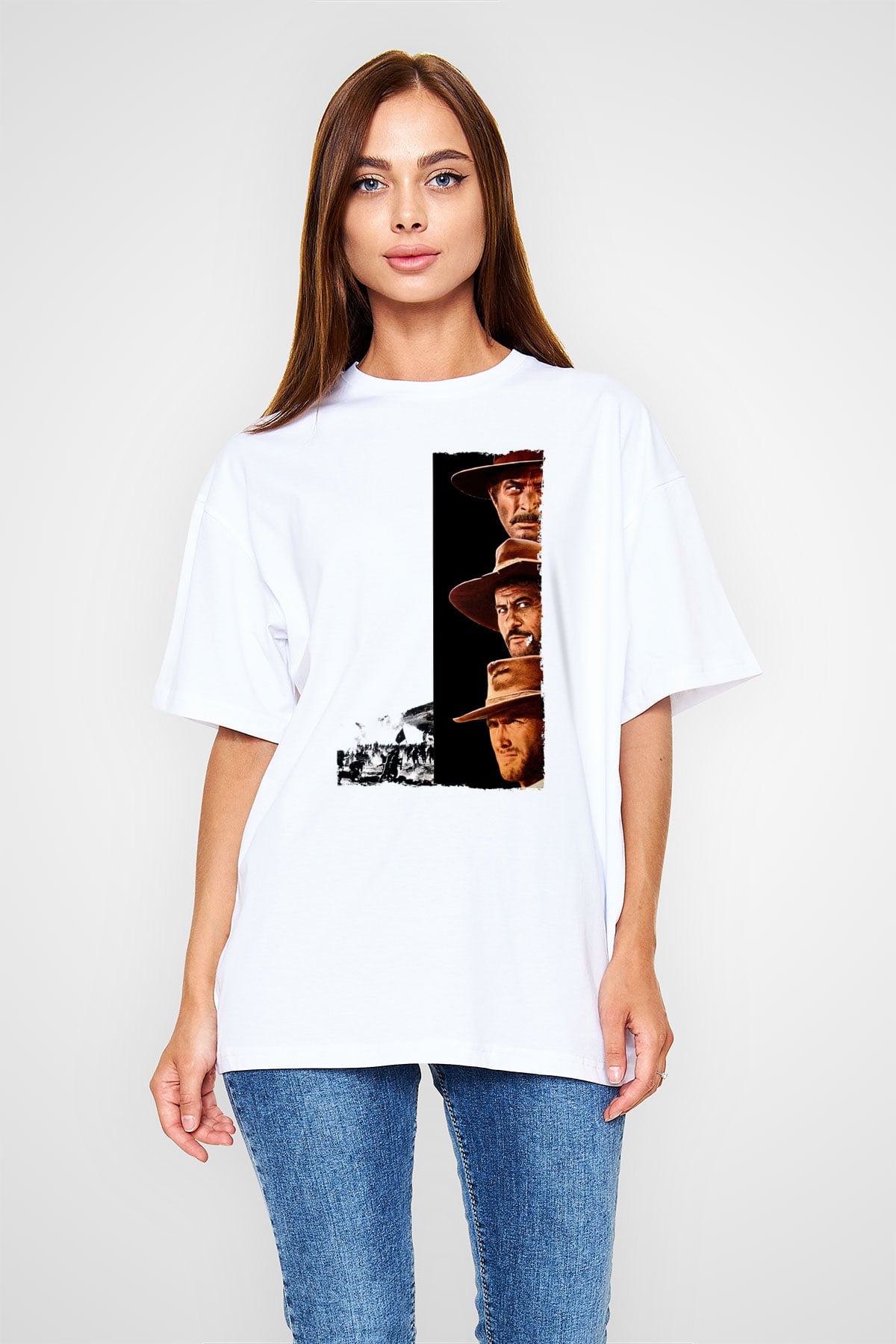 Unisex İyi, Kötü ve Çirkin (The Good, the Bad and the Ugly) Baskılı Beyaz T-shirt