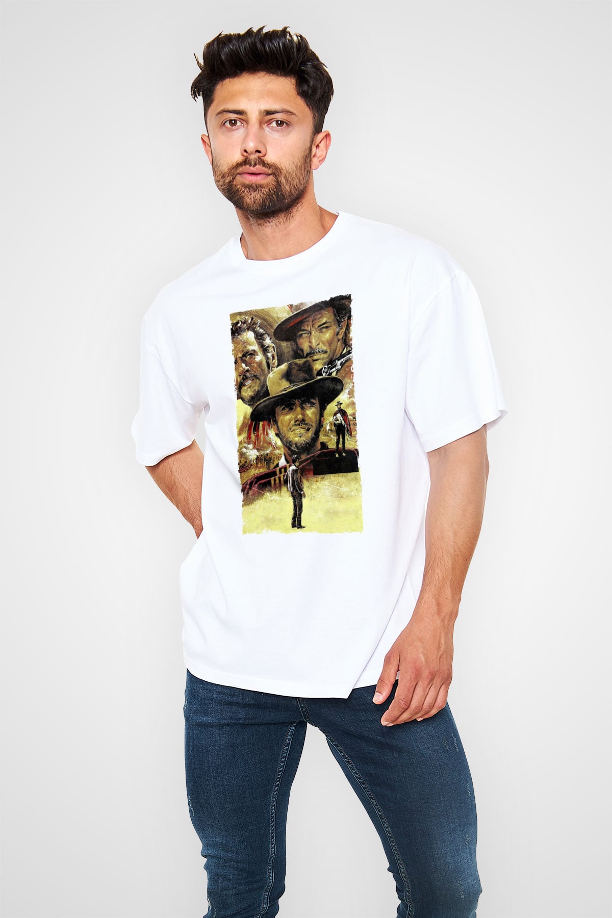 Unisex İyi, Kötü ve Çirkin (The Good, the Bad and the Ugly) Baskılı Beyaz Oversize Tişört