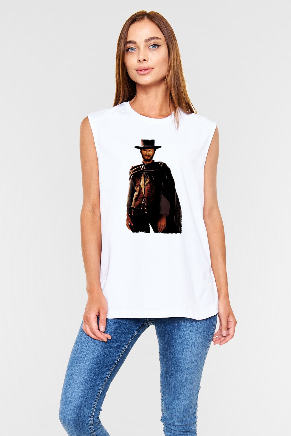 Unisex İyi, Kötü ve Çirkin (The Good, the Bad and the Ugly) Baskılı Beyaz Kolsuz Tshirt