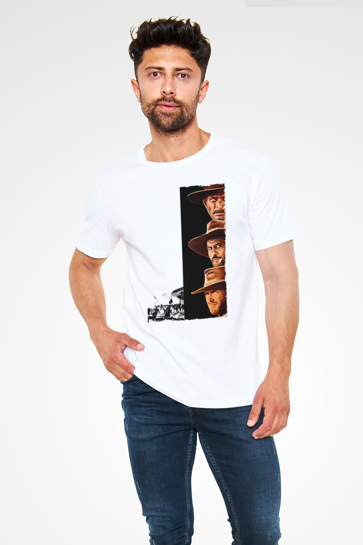 Unisex İyi, Kötü ve Çirkin (The Good, the Bad and the Ugly) Baskılı Beyaz T-shirt