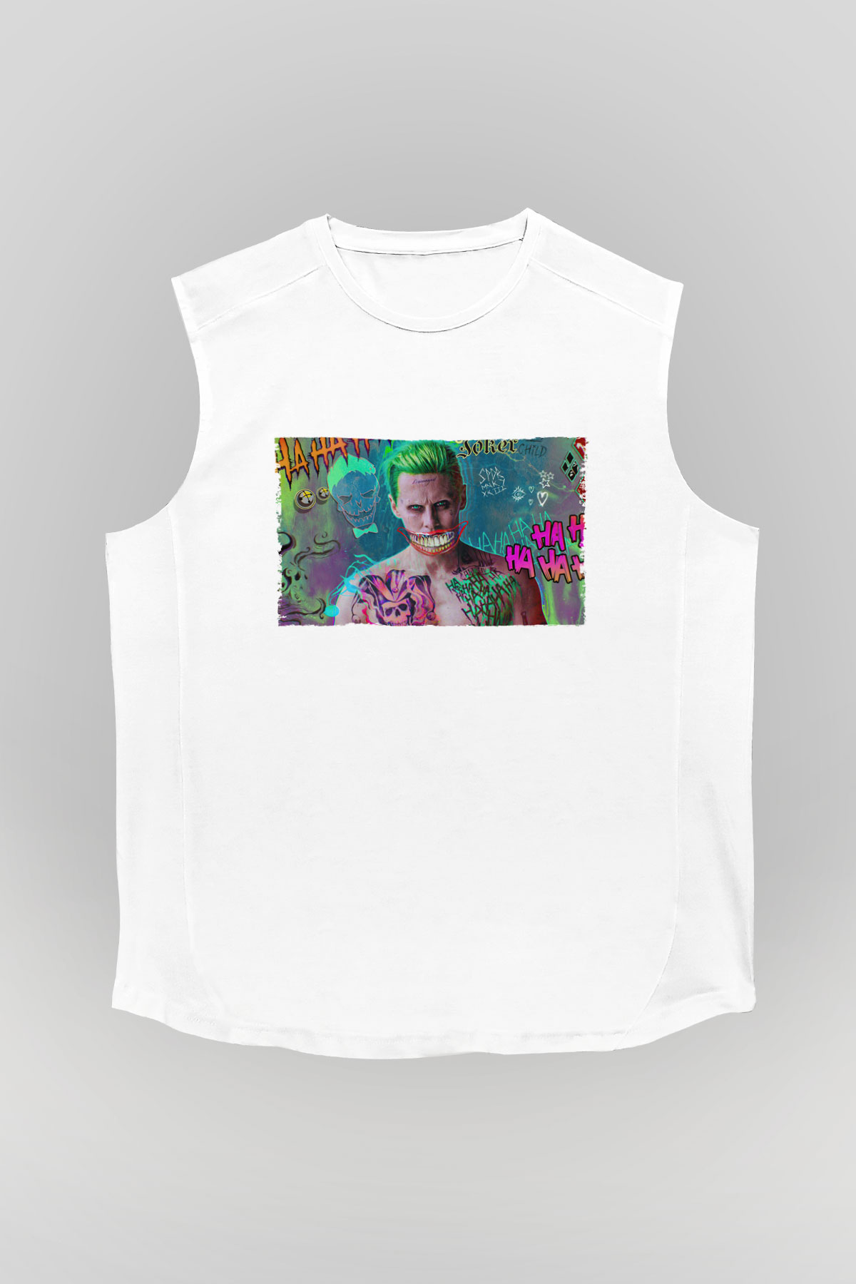 Unisex Jared Leto Joker Fanart Baskılı Beyaz Kolsuz Tişört